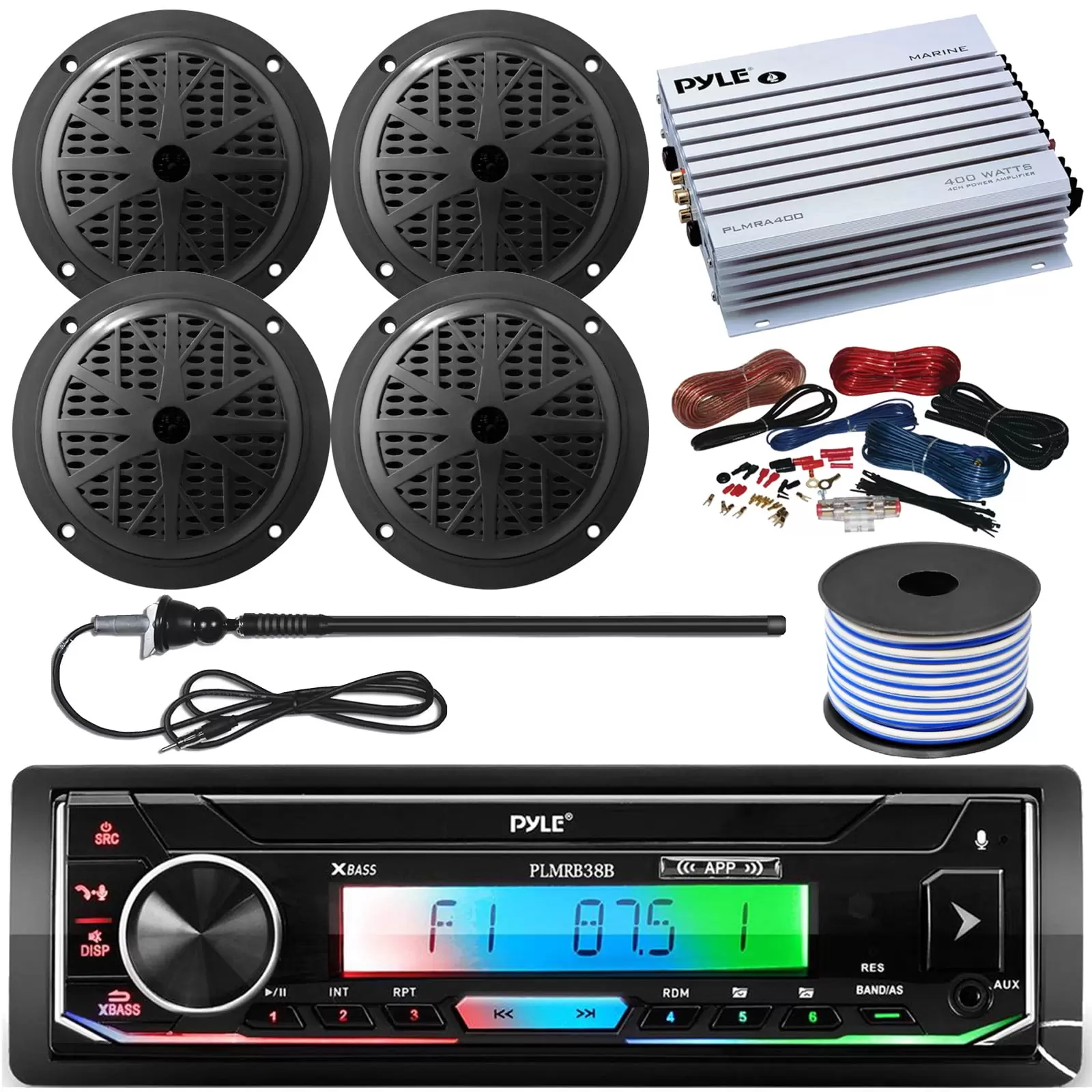 21-29' Pontoon Boat Audio Bundle: Pyle Single DIN Bluetooth Marine Stereo Receiver Bundle Combo with 4x 5.25'' Black Marine Speakers. 4-Channel Amplifier w/ Wiring Kit. Speaker Wire. Radio Antenna