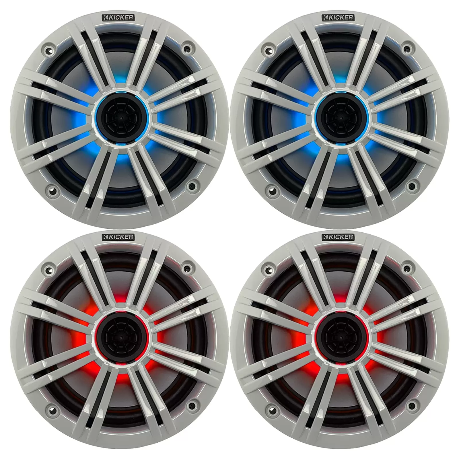 2 Pairs (QTY 4) of Kicker 8 OEM Marine Coaxial White Speakers with MultiColor LED Lighting (Factory Reconditioned)