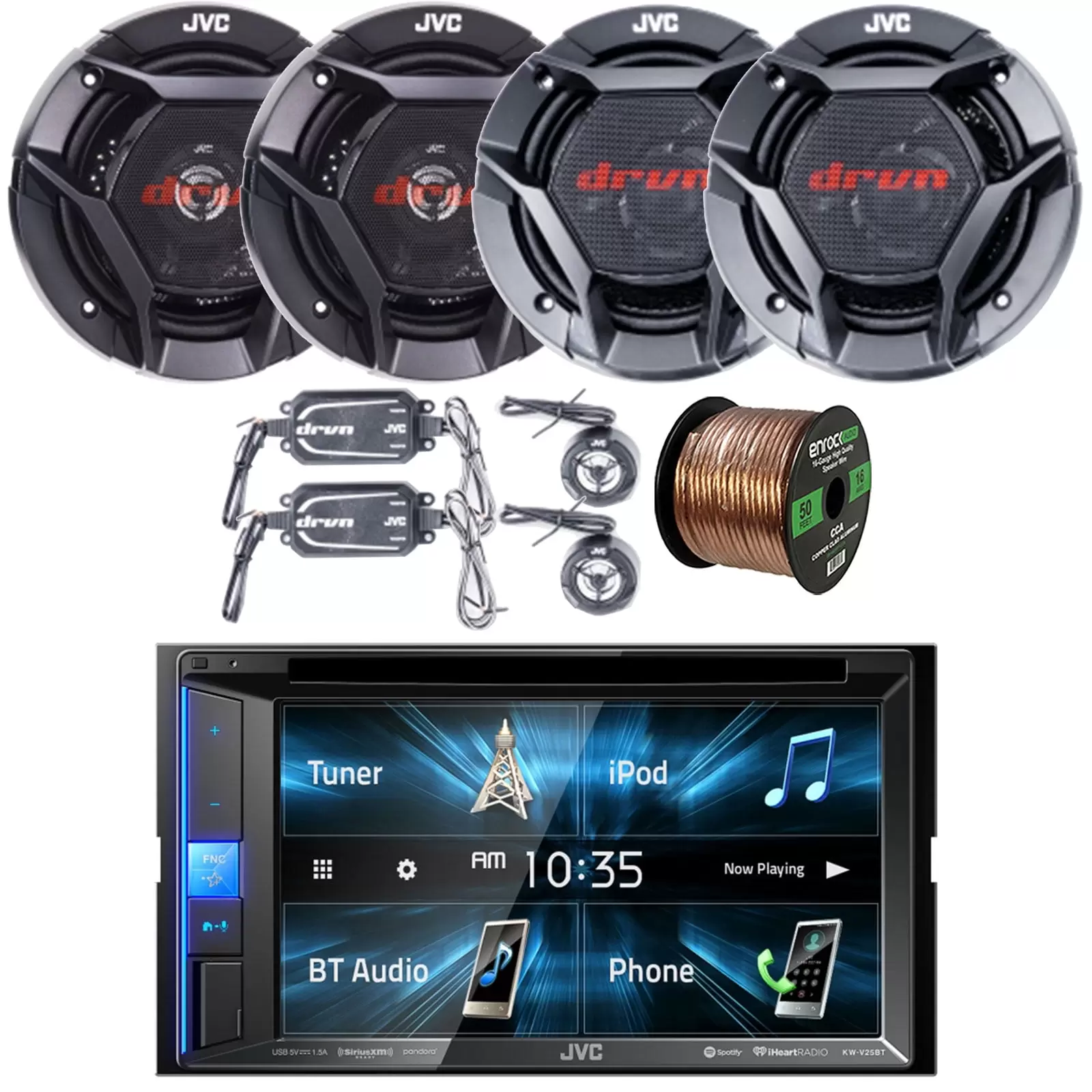 JVC KW-V25BT Double-DIN AM/FM Radio Bluetooth USB CD Player Receiver Bundle with 2x 6.5 2-Way 360W Peak Car Audio Component Speakers. 2x 6.5 Coaxial 300W Max Vehicle Speakers. Speaker Wire