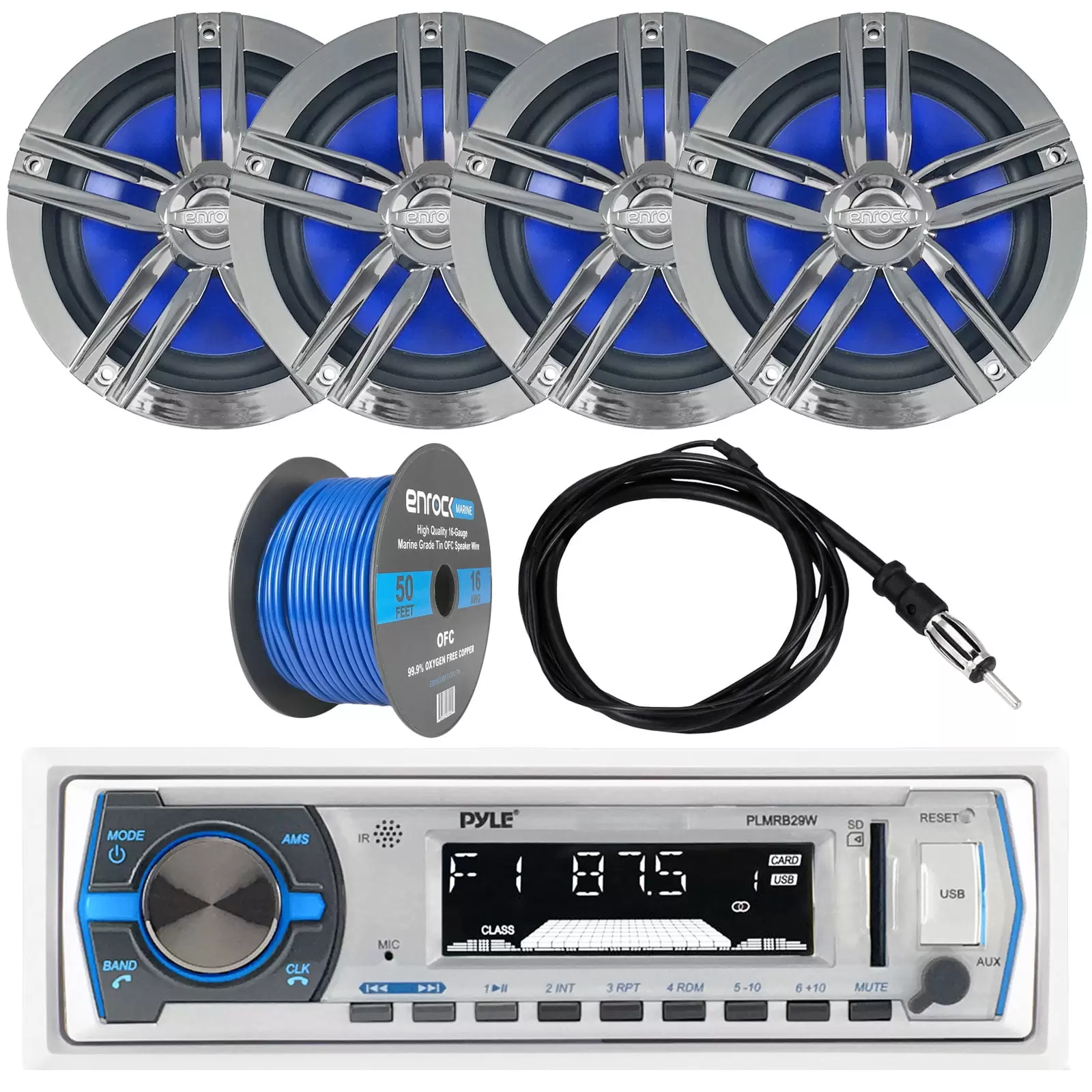 Pyle PLMRB29W Bluetooth Marine Receiver Stereo with Enrock EM265C Marine 2-Way 180W 6.5 Water-Resistant Loudspeaker(2-Pairs). Enrock EKMR2 Marine Antenna & Enrock Marine 50' 16G Speaker Wire