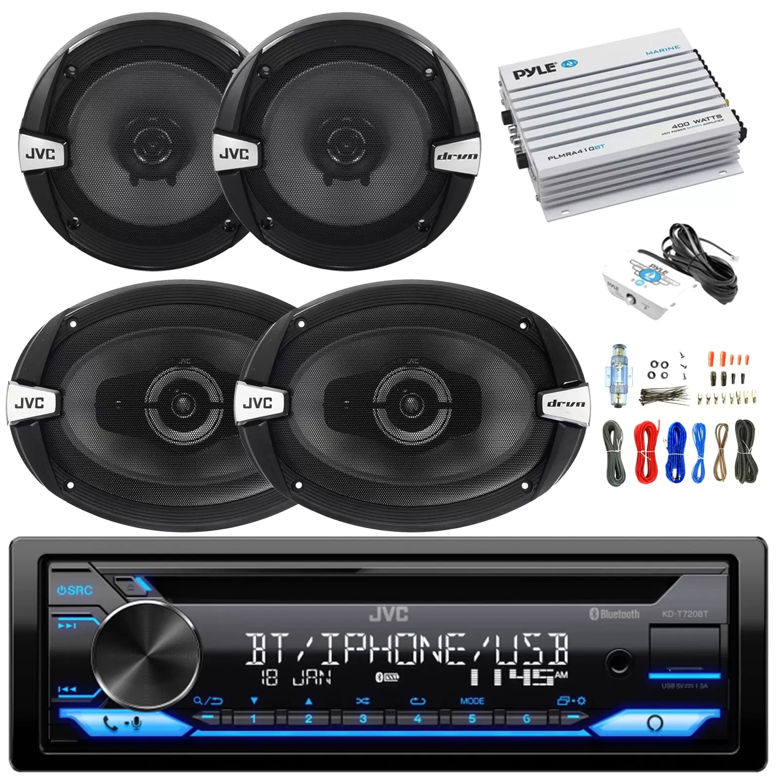 JVC KD-T720BT Single DIN Stereo USB AUX Bluetooth CD Player Car Audio Receiver. 2x JVC CSDR162 300W Peak 6.5 2-Way Speakers. 2x JVC CS-DR693 6x9 3-Way Speakers. 4-Channel 400W Amp w/ Wiring Kit