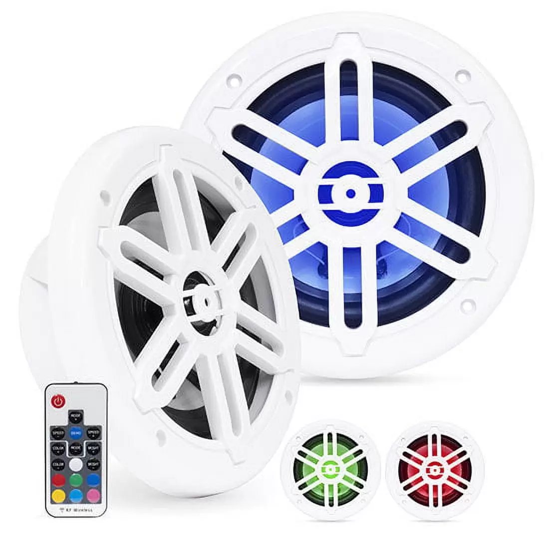 BELVA BMRGBWH 500W Peak 6.5 2-Way White Coaxial Marine Speakers with Multi-Color LED Lighting