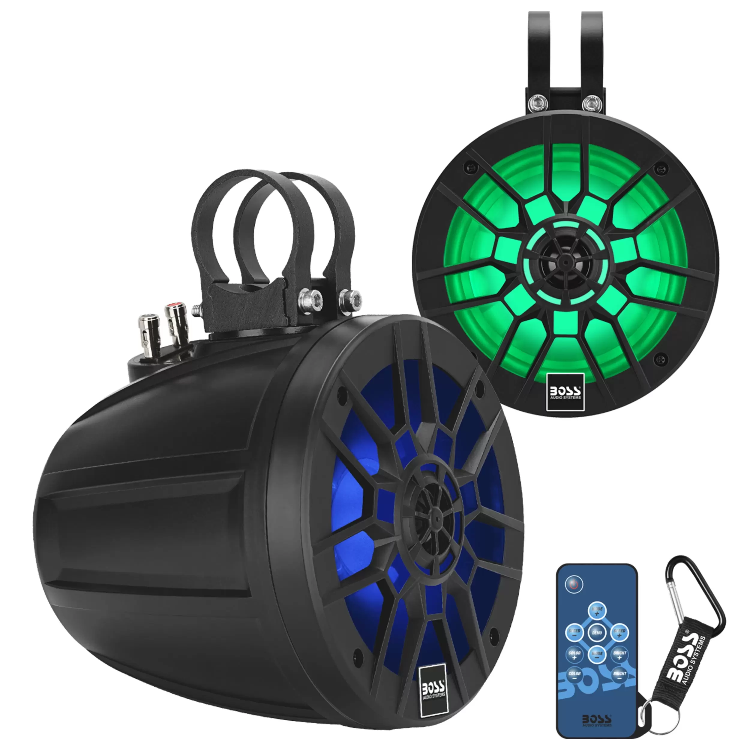 BOSS Audio Systems MPWT60RGB Marine ATV UTV Roll Cage Waketower Speaker Pods - 600 Watts of Power Per Pair. 6.5 Inch. Full Range. 2 Way. IPX6 Weatherproof. Sold in Pairs. RGB Illumination