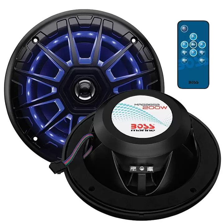 BOSS Audio Systems MRGB65B 6.5 Inch Marine Speakers - Weatherproof. 200 Watts Per Pair. 100 Watts Each. Multi-Color Illumination. Full Range. 2 Way. Sold In Pairs