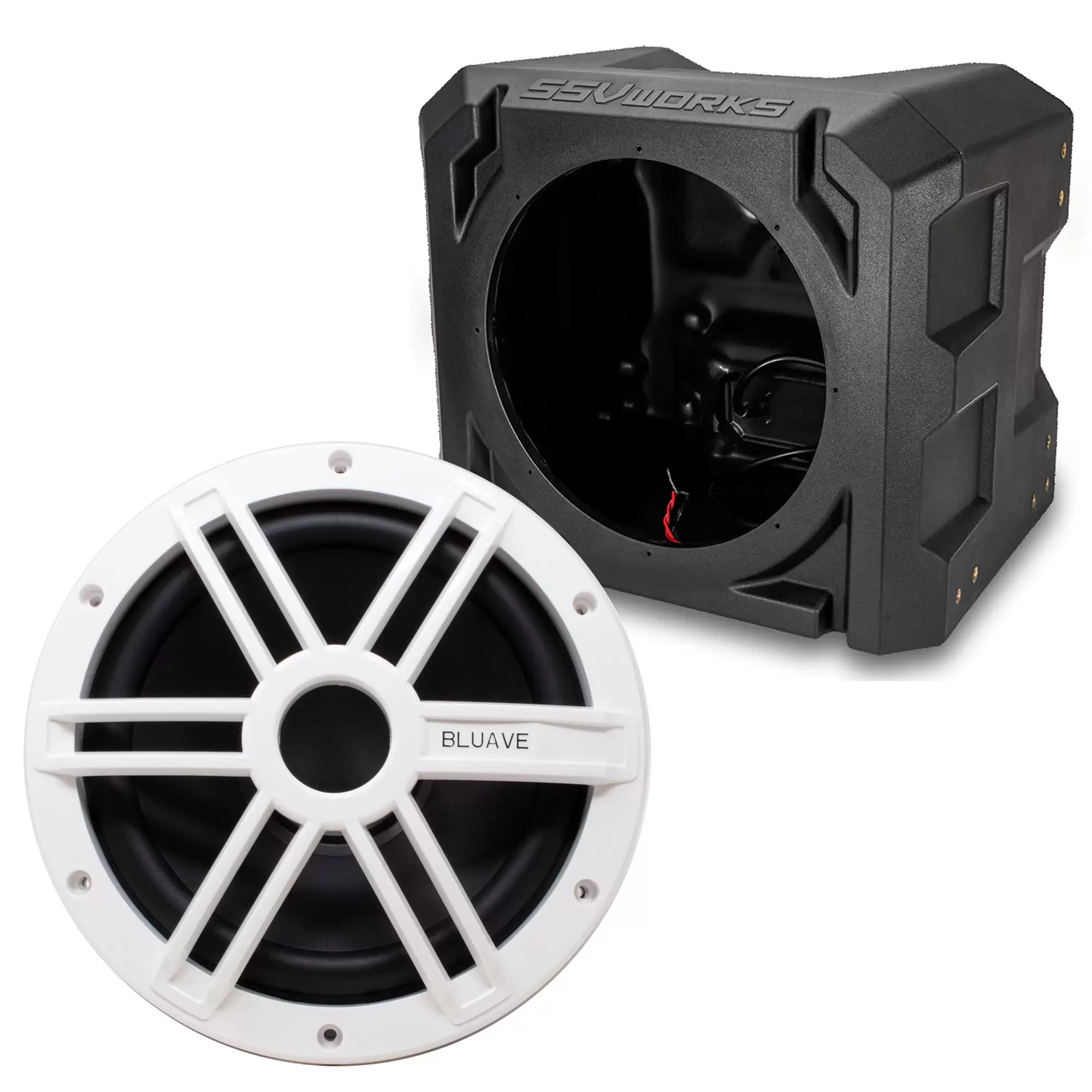 Bluave X10S2W 10 X Series High Power 250w Marine Subwoofer 2-Ohm White Grill with 10 Universal Marine Sub Box Enclosure for Cars. Trucks. Powersports. UTVs. Golf Carts. Boats