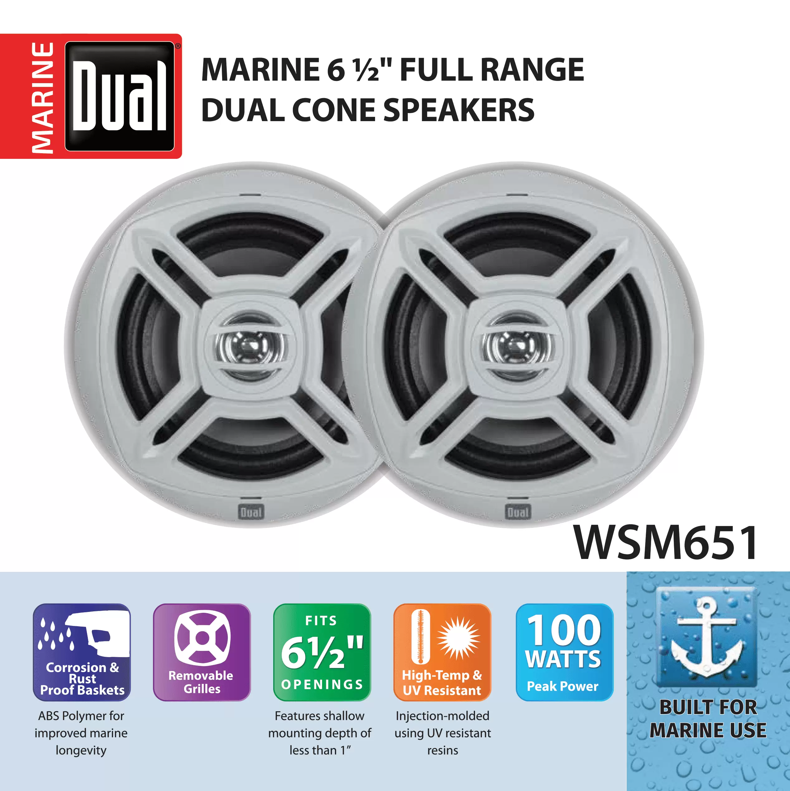 Dual Electronics WSM651 Two 6.5 inch Water Resistant Dual Cone High Performance Marine Speakers. New