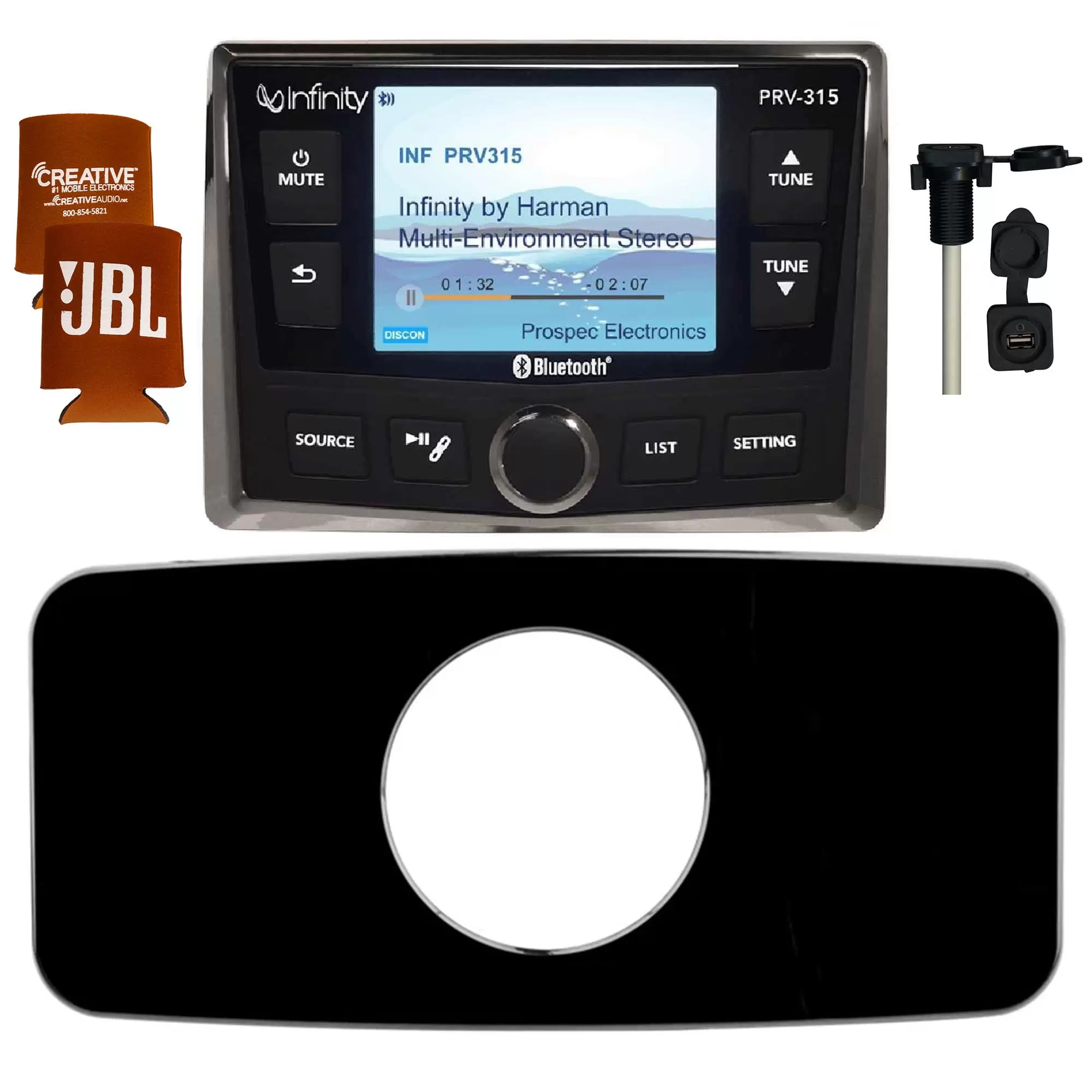 Infinity PRV-315 Waterproof Radio With Stinger SEADASH3B Universal Marine 3 Radio Dash Kit. And SMRAUXUSB3 Usb/Aux