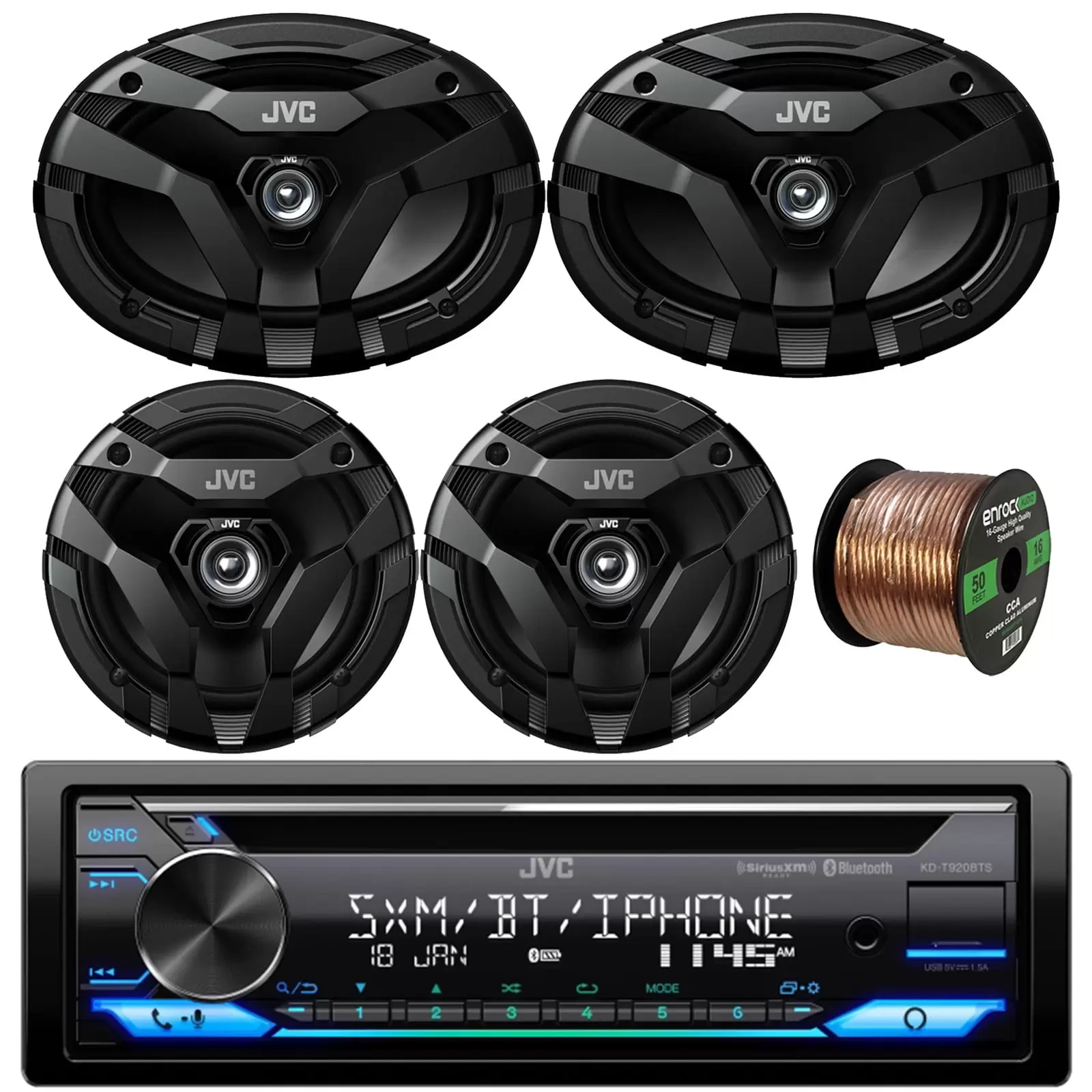 JVC KD-T920BTS Single DIN In-Dash CD Player Bluetooth USB AUX AM/FM Radio Receiver Bundle Combo with 2x 6.5 2-Way Coaxial 300W Car Audio Speakers. 2x 6x9 400W Vehicle Speakers. 16G Speaker Wire