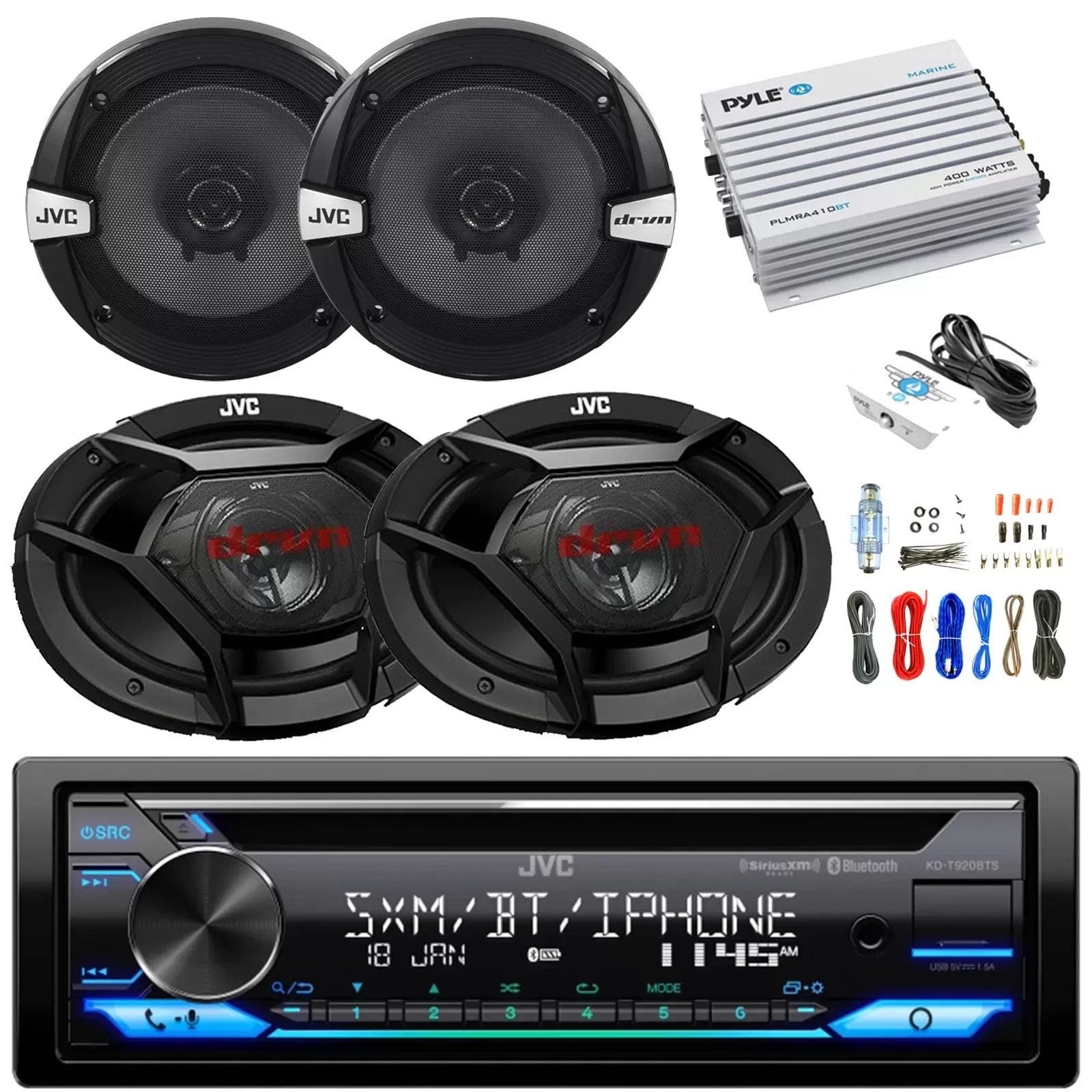 JVC KD-T920BTS Single DIN Stereo USB AUX CD Player Bluetooth Car Audio Receiver. 2x JVC CSDR162 300W Peak 6.5 2-Way Speakers. 2x JVC CS-DR693 6x9 3-Way Speakers. 4-Channel 400W Amp w/ Wiring Kit