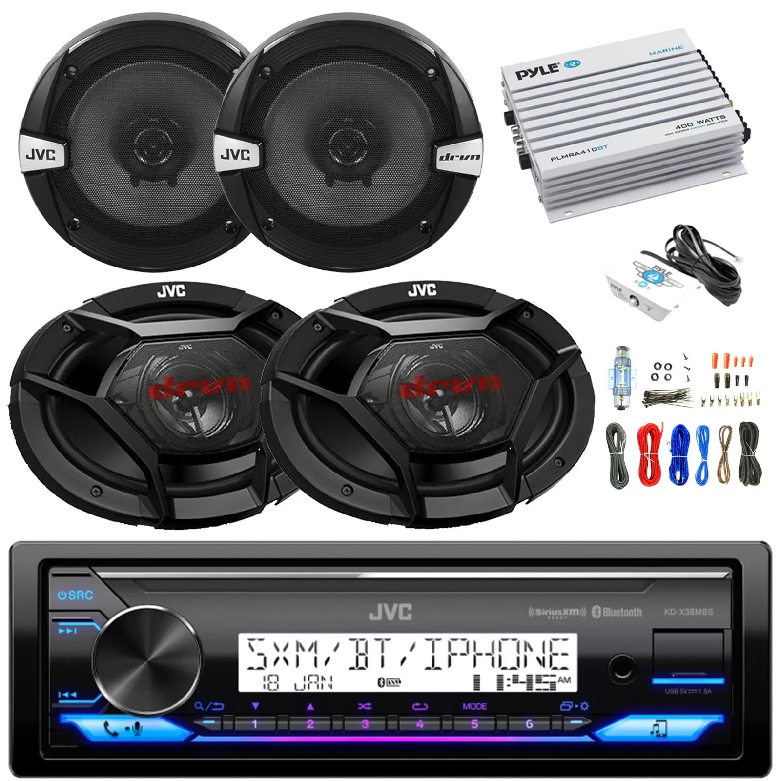 JVC KD-X38MBS Single DIN Marine Bluetooth USB AUX AM/FM Stereo Receiver. 6.5 300W Peak 2-Way Speakers (Pair). 6x9 500W Max 3-Way Car Speakers (Pair). 4-Channel 400W Bluetooth Amplifier w/ Wiring Kit