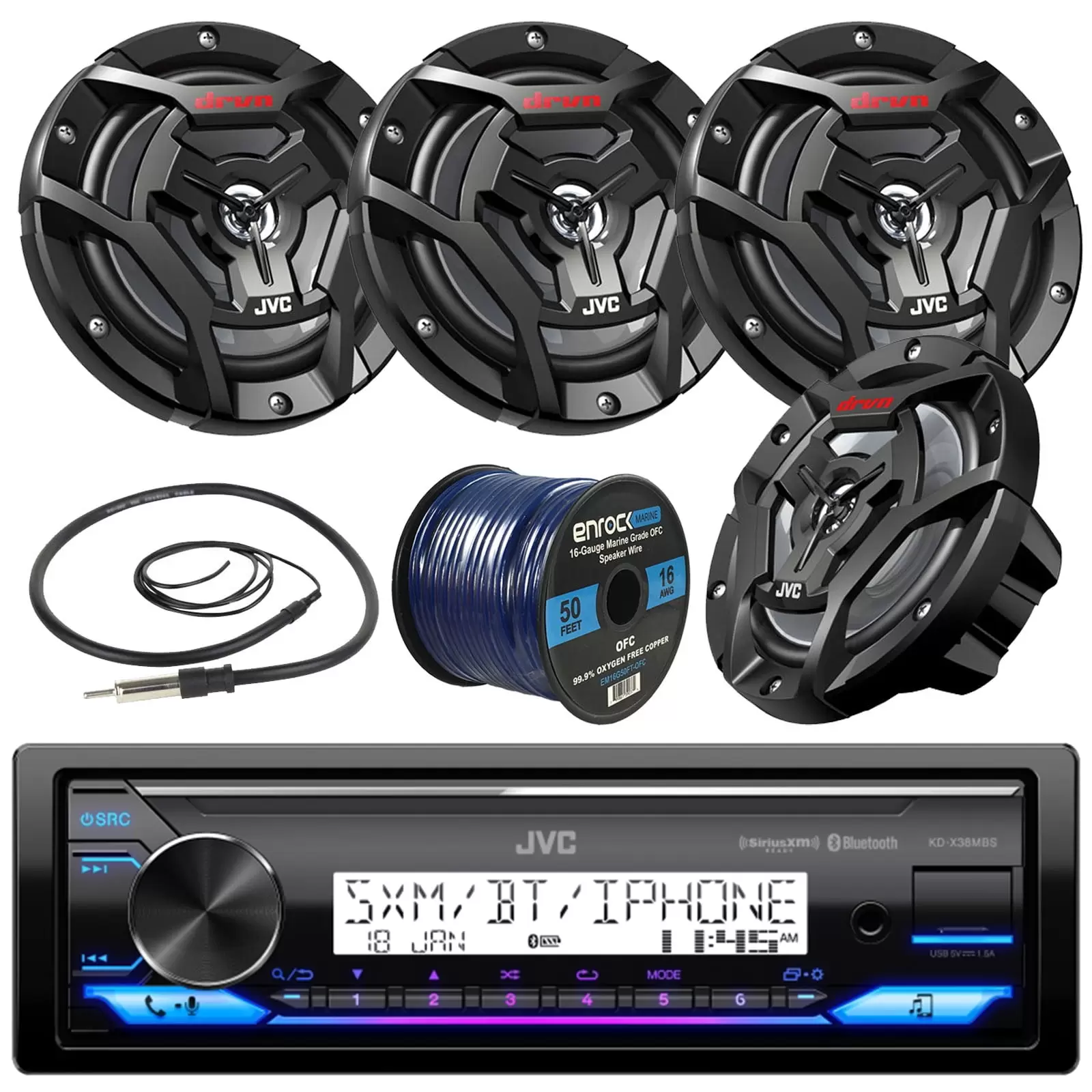 JVC KDX38MBS Single DIN Marine MotorSports Bluetooth USB AUX AM/FM Stereo Receiver Bundle Combo. 4x JVC CS-DR6200M 6.5 150 Watt 2-Way Coaxial Speakers. Enrock Radio Antenna. 50 Ft 16g Speaker Wire