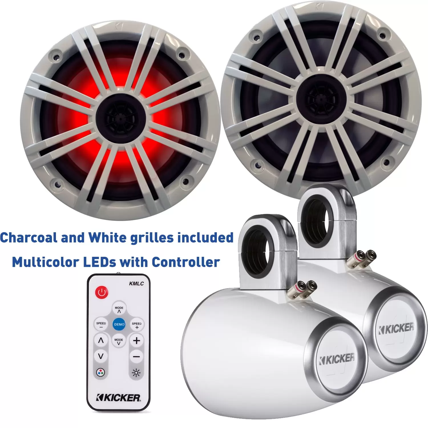 Kicker 6.5 Inch KM-Series Marine Speaker Bundle 41KM654LCW with White Wake Tower Enclosures and LED Remote