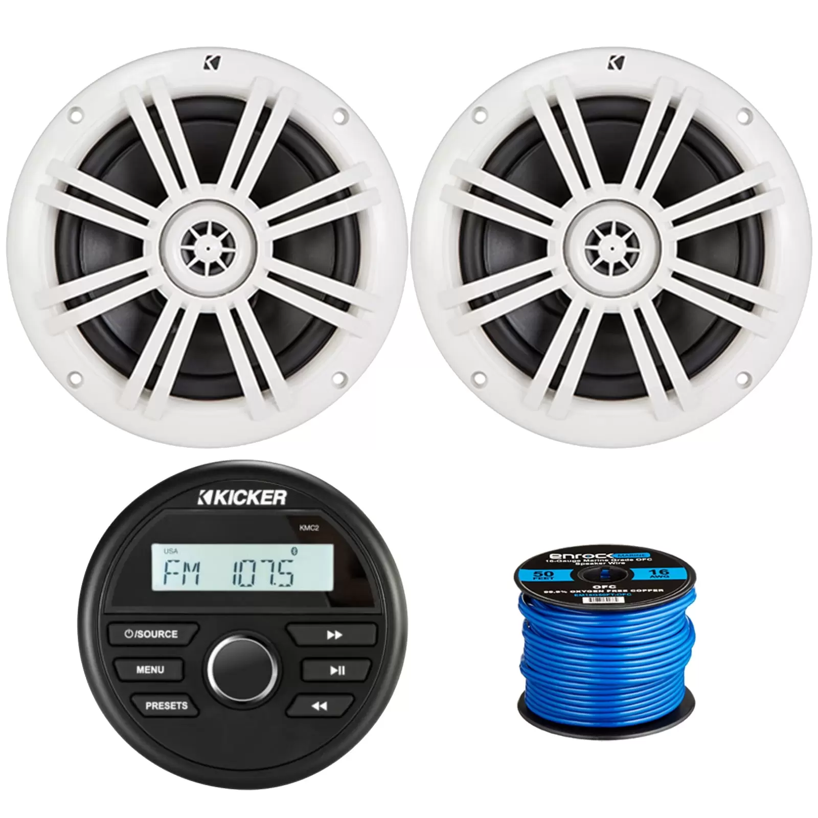 Kicker All-Weather Marine Gauge Style Bluetooth USB Stereo Receiver Bundle Combo with 1 Pair (QTY 2) 6.5 2-Way 150 Watts Max Power Coaxial White Marine Audio Speakers. 50-Feet 16-Gauge Speaker Wire