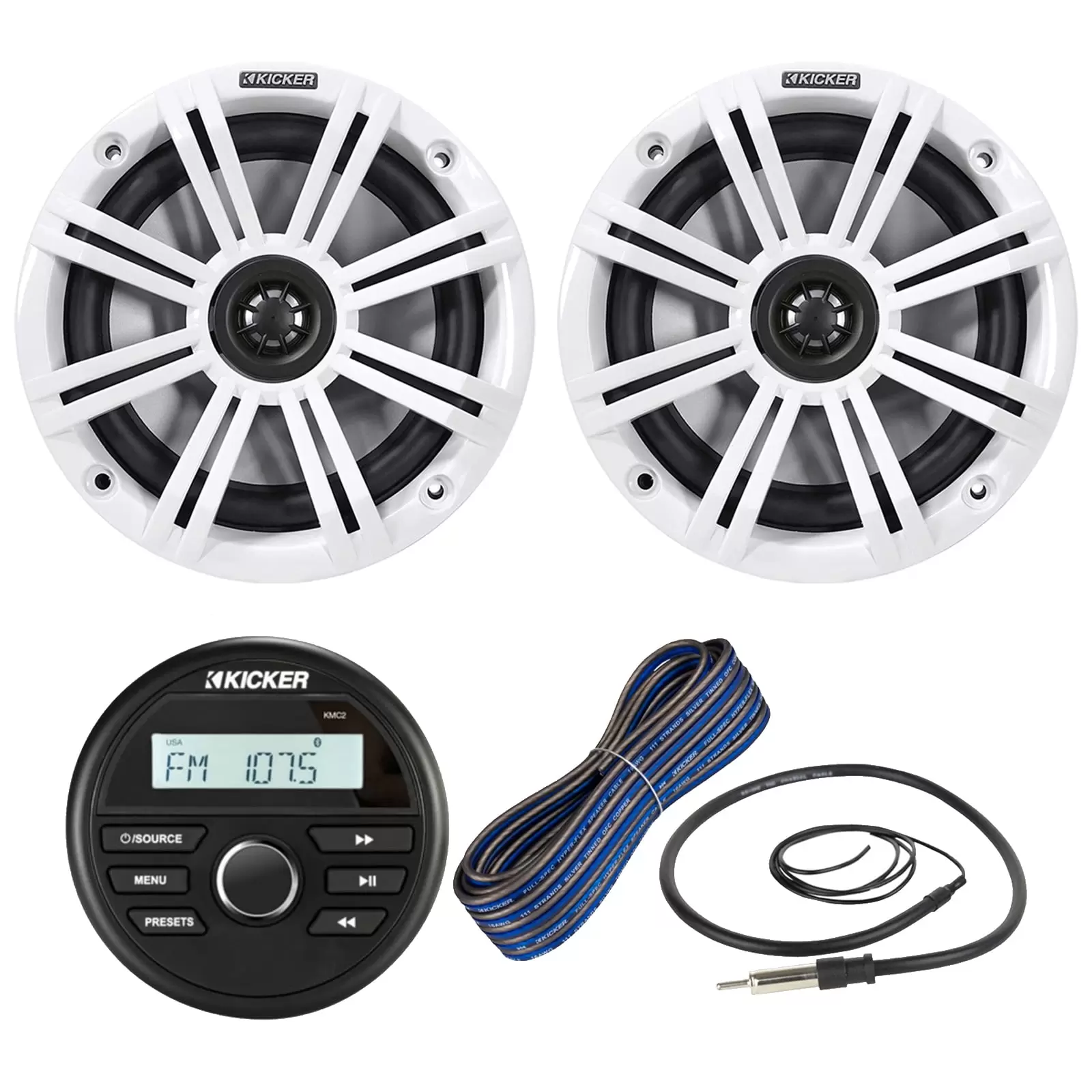 Kicker Weather-Resistant Marine Gauge Style Bluetooth USB Receiver Bundle Combo with 1 Pair (QTY 2) 6.5 2-Way 195W Max Coaxial Boat Speakers with White Grilles. 50Ft 16-Gauge Wire. 22 Antenna