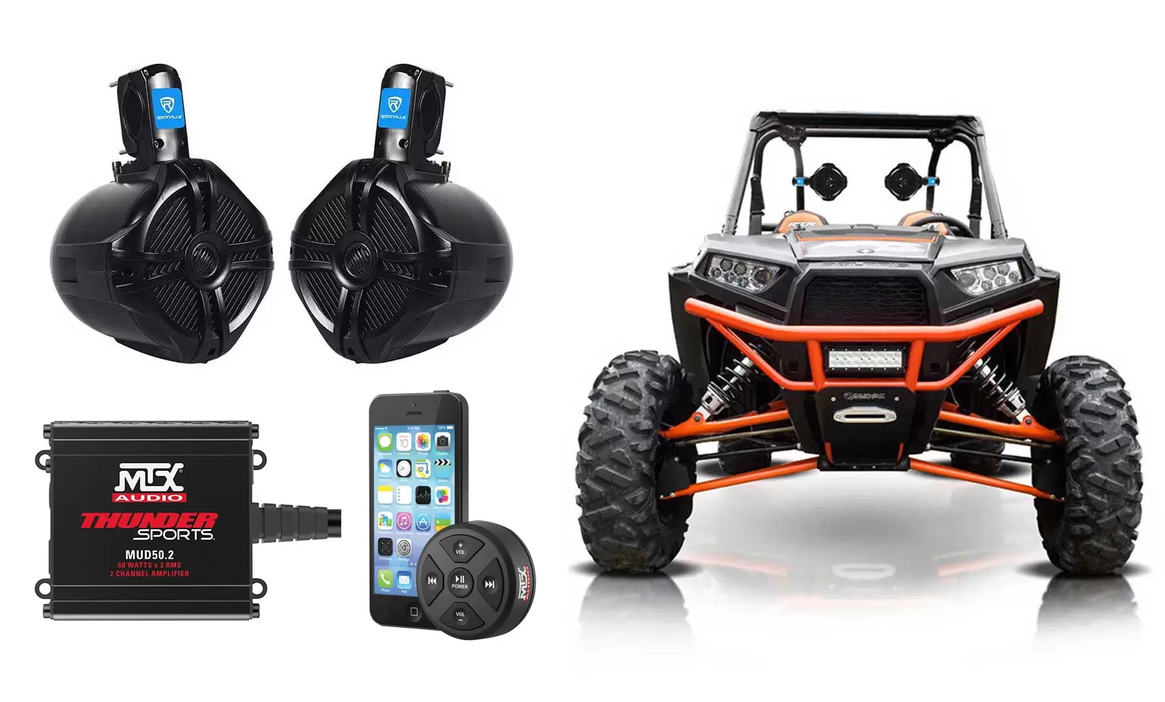 MTX Audio Bluetooth Controller+Tower Speakers+2-Channel Amp for Polaris RZR