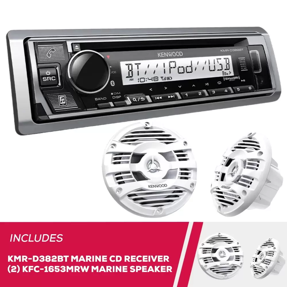 New Kenwood KMR-D382BT Marine CD Receiver & 2 Pack KFC-1653MRW 6.5 Marine Speakers