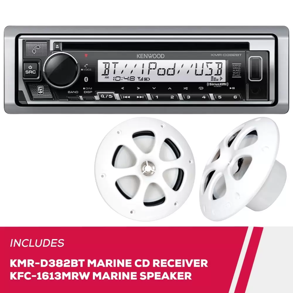 New Kenwood KMR-D382BT Marine CD Receiver and KFC-1613MRW 6.5 Marine 2-Way Speakers