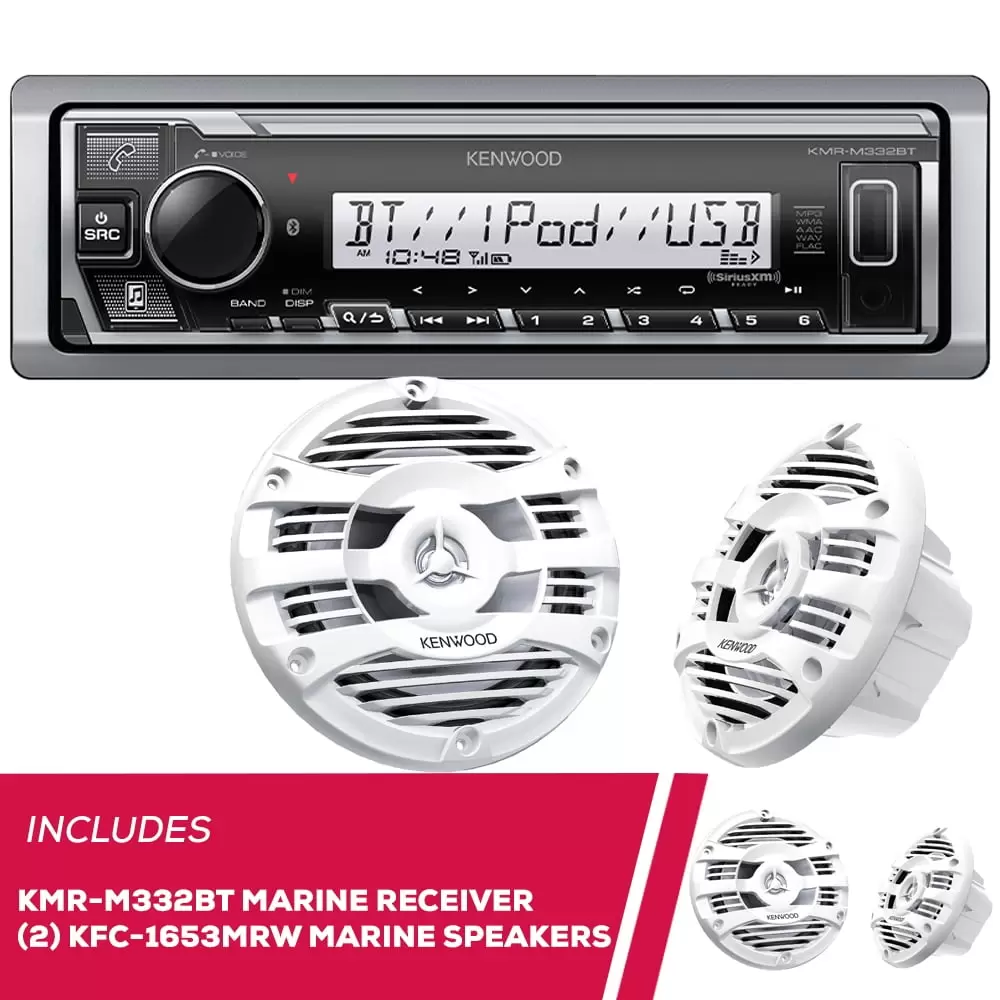 New Kenwood KMR-M332BT Marine Media Receiver and 2 Pack KFC-1653MRW 6.5 Speakers