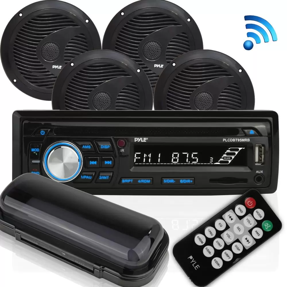 PYLE PLCDBT95MRB - Wireless Bluetooth Marine Audio Stereo - Kit w/Single DIN Universal Size Radio Receiver. Hands-Free Calling. 6.5 Waterproof Speakers. CD Player. MP3/USB/SD Readers & AM/FM Radio