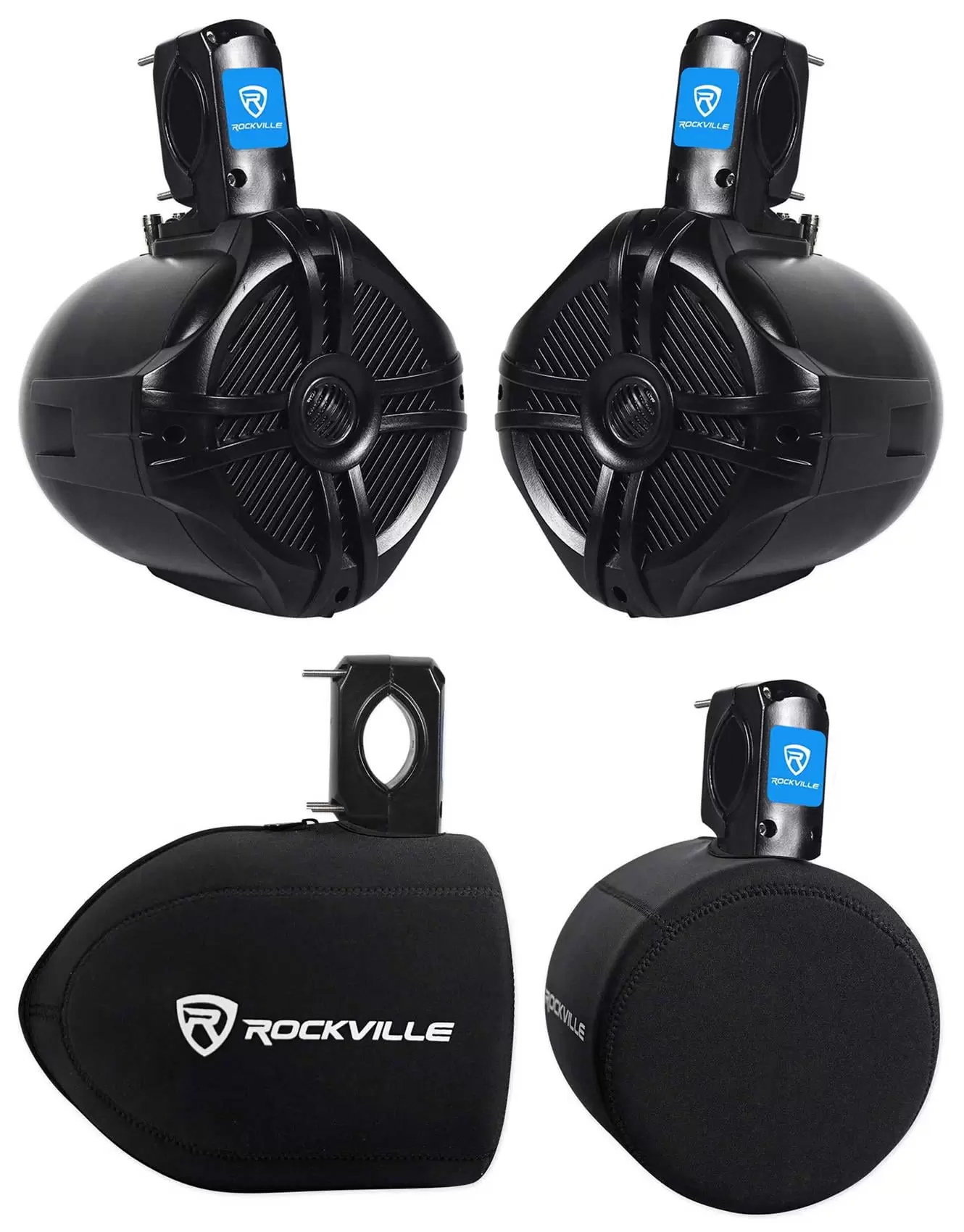 Pair Rockville RWB65B 6.5 Black 250 Watt Marine Wakeboard Tower Speakers+Covers