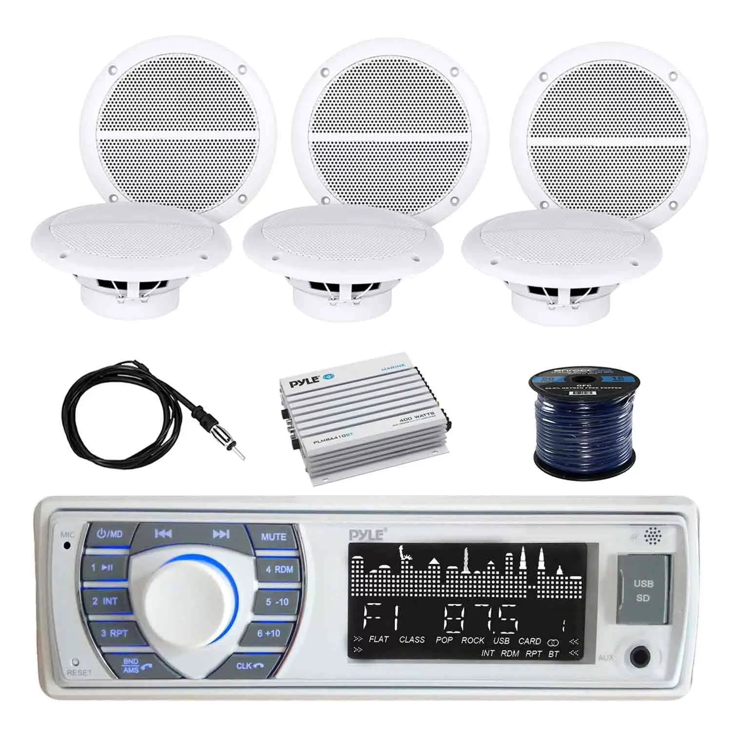 Pyle BT Marine Receiver Stereo(White) w/Enrock Marine 6.5 Weather Resistant Marine Speakers 60W(3-Pairs). Pyle WP Amplifier BT.400W 4-Chan. Enrock Marine Antenna & Enrock Marine 50' 16G SPKR Wire