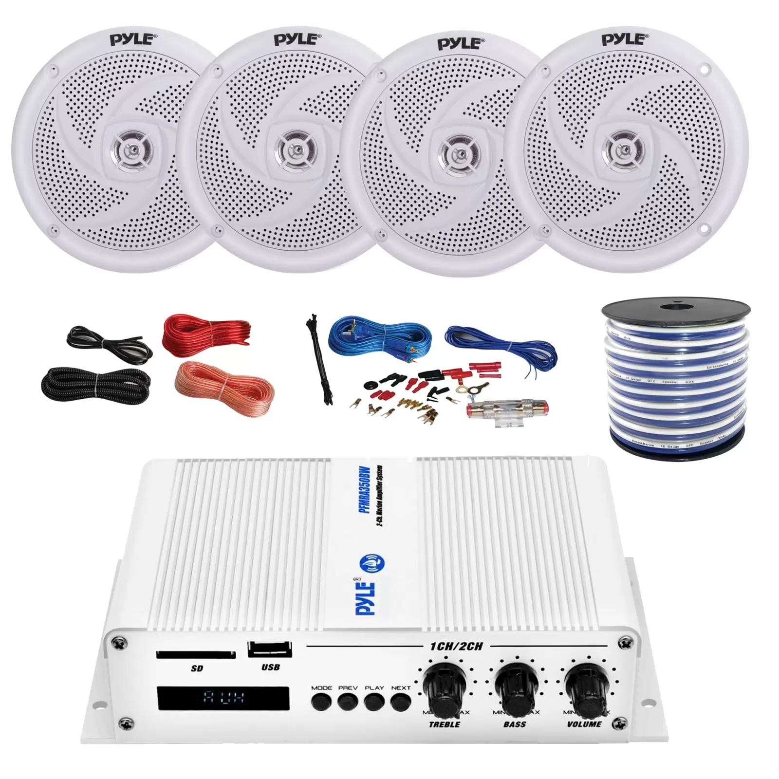 Pyle Marine PFMRA450BW 4-Channel Bluetooth White Amplifier. 4x Pyle 6.5 Waterproof Weather Resistant White Speakers. Amp Install Kit. 18-G 50 Ft Speaker Wire