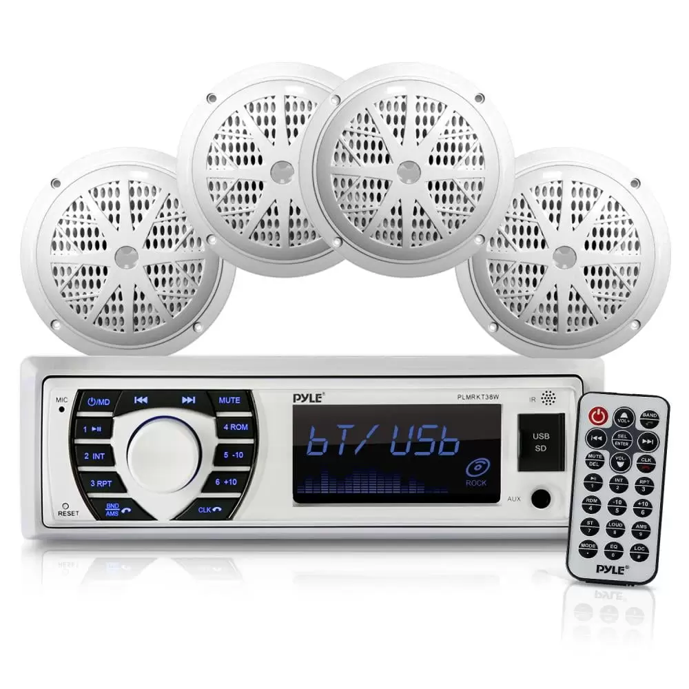 Pyle Marine Radio Receiver Speaker Set 12v Single Din Style Bluetooth Waterproof Digital Boat White