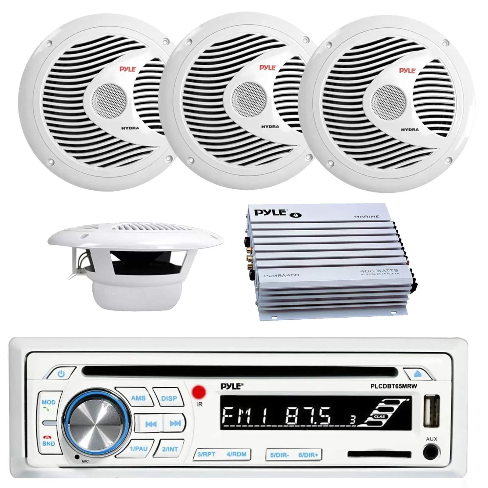 Pyle PLCDBT65MRW Bluetooth Marine Stereo Radio Receiver & Waterproof (2) 6.5'' Speaker Kit. CD Player. Pyle 150 Watts 6.5'' 2 Way White Marine Speakers. PLMRA400 Pyle 4 Channel 400 Watt Amplifier