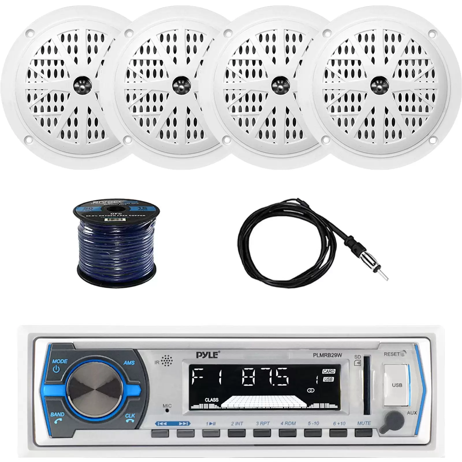 Pyle PLMRB29W Bluetooth Marine Receiver Stereo (White) with Pyle PLMR41W 4'' Dual Cone Waterproof Stereo Speaker System(2-Pairs). Enrock EKMR2 Marine Antenna & Enrock Marine 50' 16G Speaker Wire