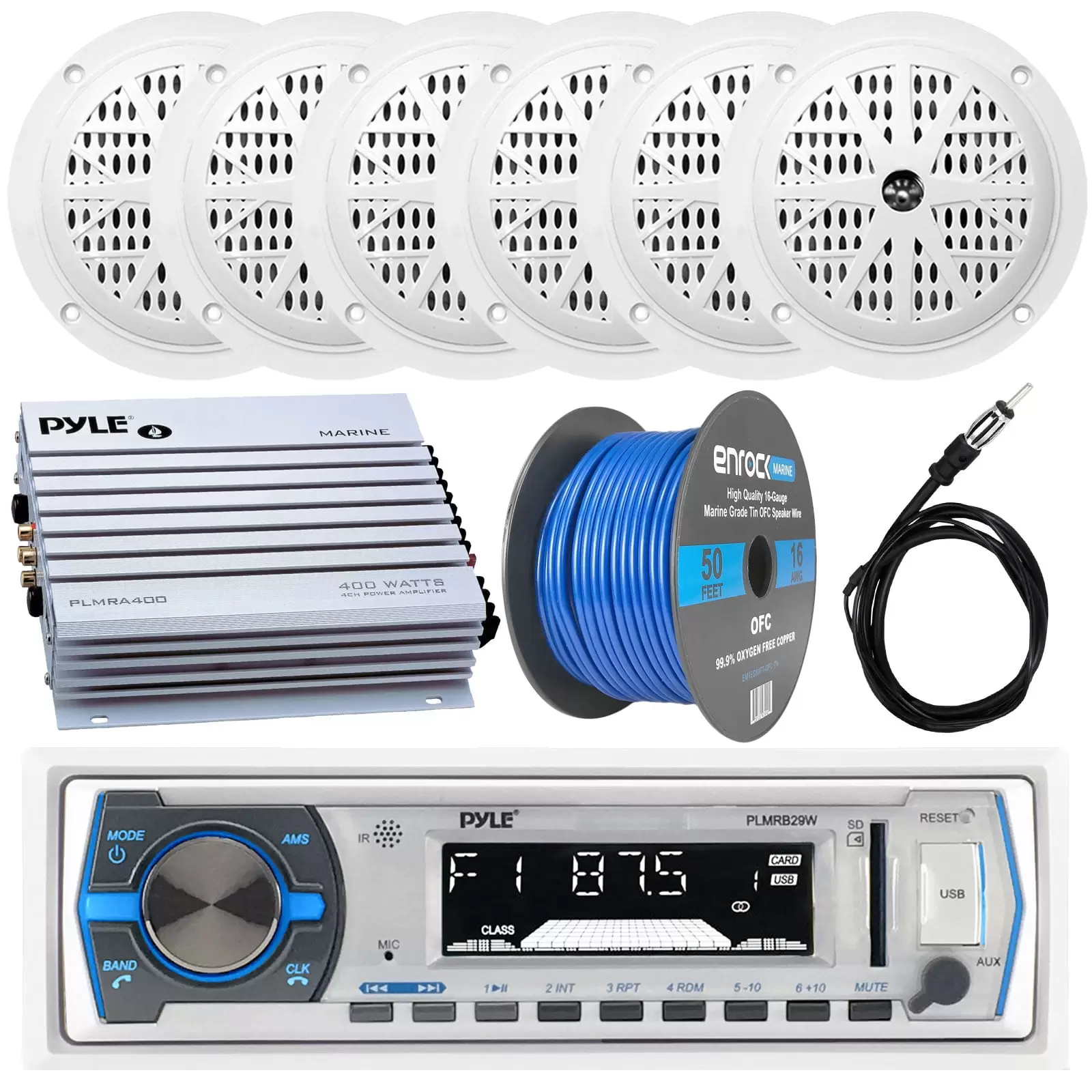 Pyle PLMRB29W Bluetooth Marine Receiver Stereo w/Pyle 100W 5.25'' 2-Way Marine Speakers(3-Pairs). Enrock Marine Antenna. Pyle 4-Channel 400W Marine Amplifier & Enrock Marine 50' 16G Speaker Wire