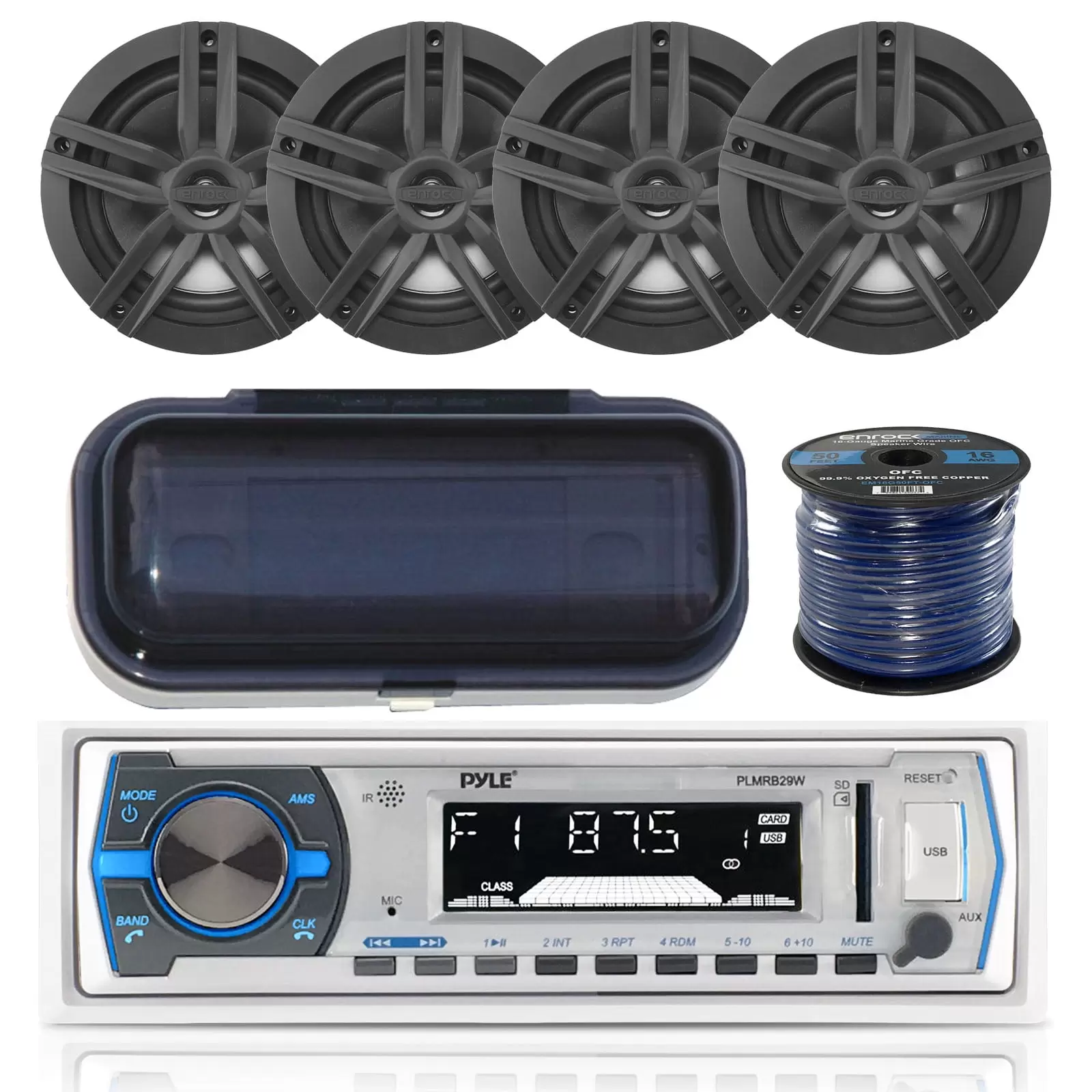 Pyle PLMRB29W Marine Boat USB/SD/MP3 Bluetooth Stereo Receiver With Waterproof Cover Bundle Combo With 4x Enrock 6.5 Inch Dual-Cone Black Upgarde Audio Coaxial Speakers + Enrock 50Ft 16g Speaker Wire