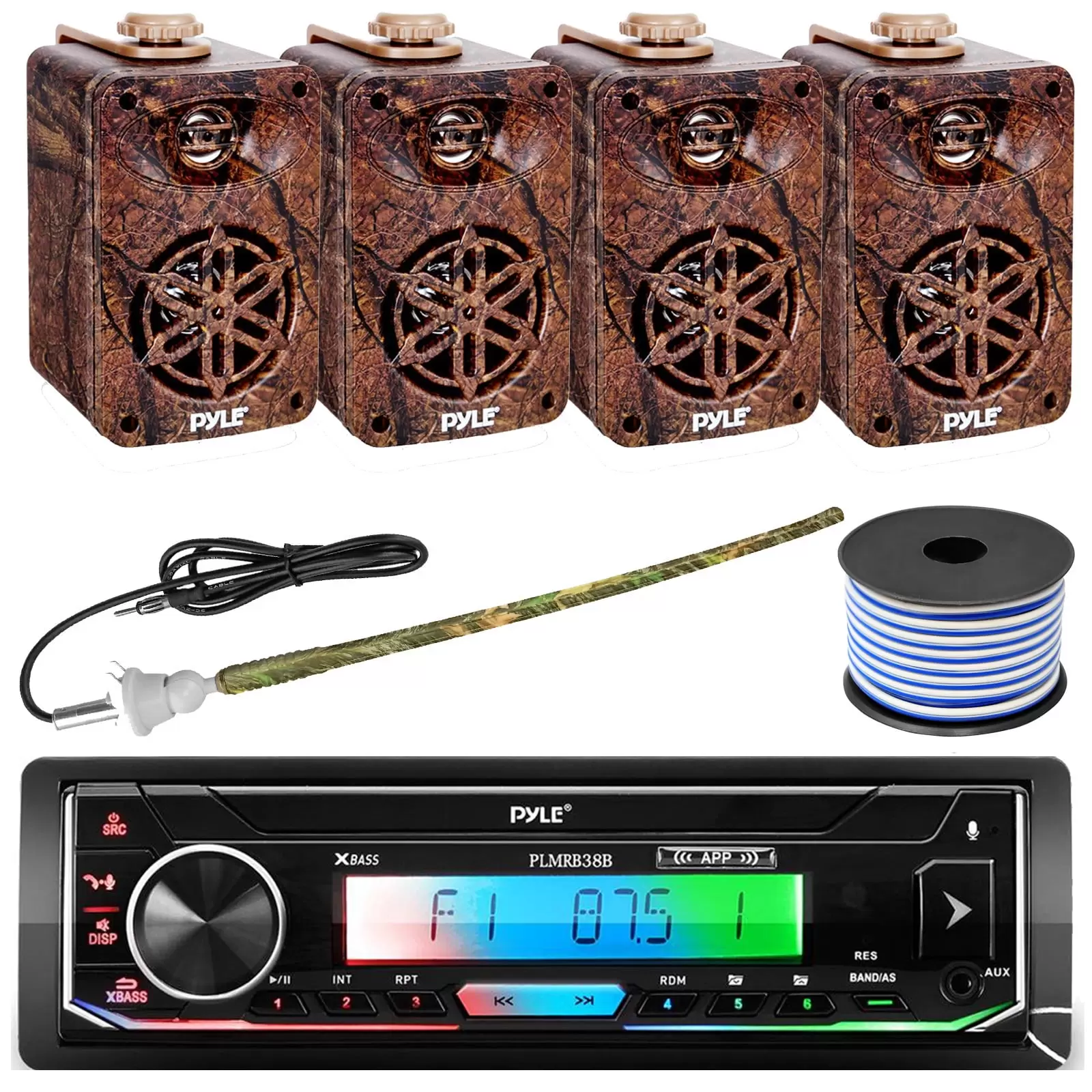 Pyle PLMRB38B Single DIN AM/FM Radio USB/AUX Bluetooth Marine Stereo Black Receiver with 2 Pairs of 3.5 3-Way 200W Indoor/Outdoor Camouflage Speakers. Rubber Mast Antenna. 18 Gauge Speaker Wire