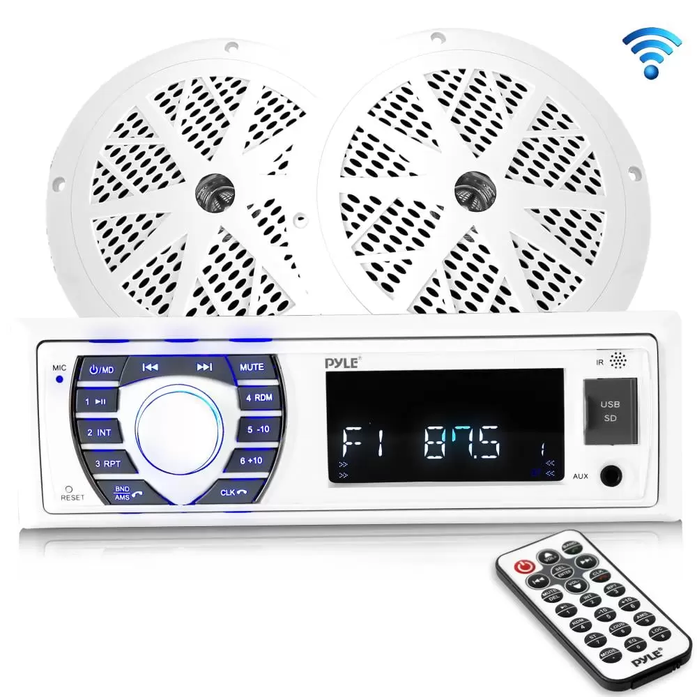 Pyle PLMRKT36WT 5.25 Inch Bluetooth Marine Stereo Receiver & Speaker Kit. White