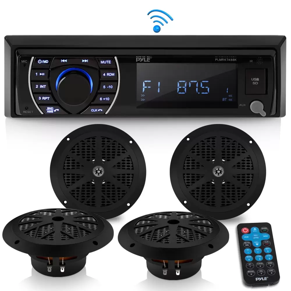 Pyle PLMRKT48BK 6.5 Inch Bluetooth Marine Receiver Stereo and Speaker Kit. Black