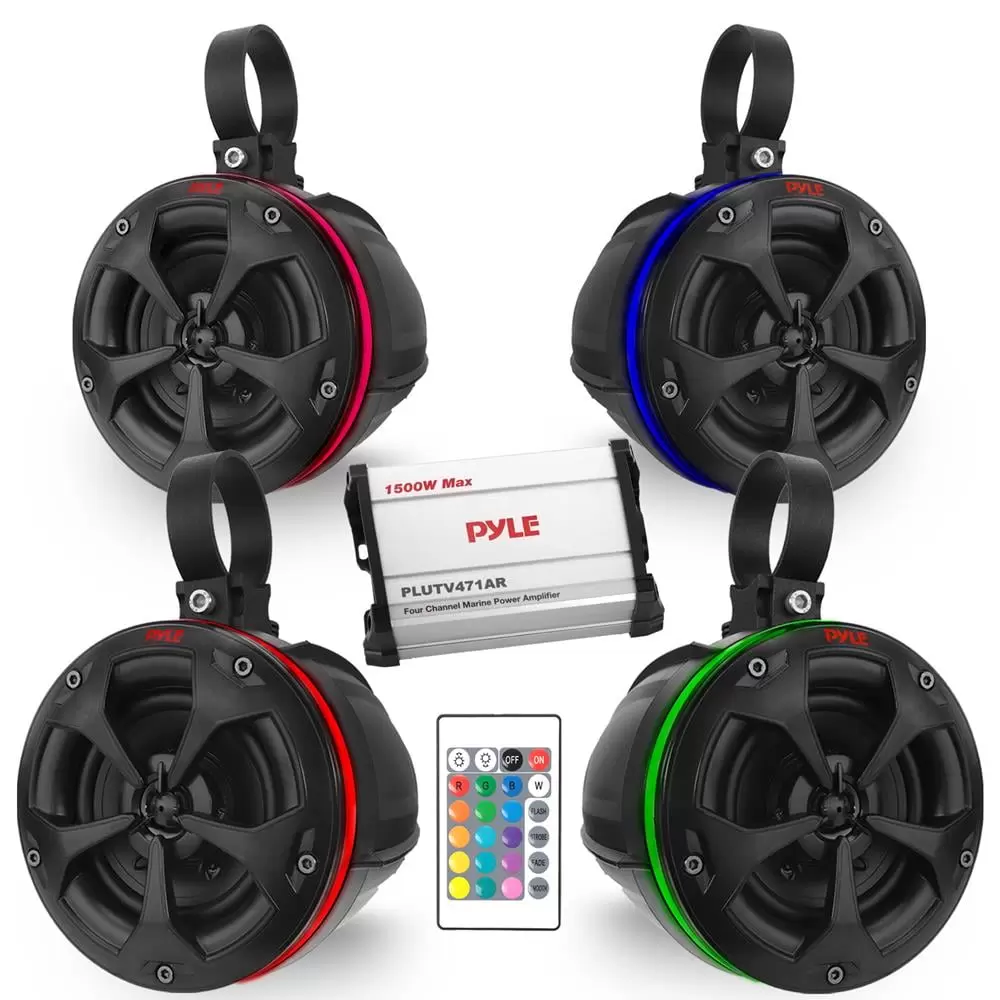 Pyle Waterproof off-Road Speakers W/ Amplifier 4 inch 800W 4-Channel Marine Grade Wakeboard System