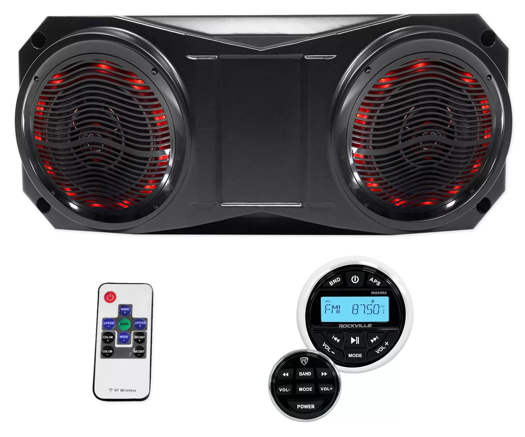 Rockville Bluetooth Gauge Receiver+(2) 6.5 Overhead LED Speakers 4 ATV/UTV/Cart