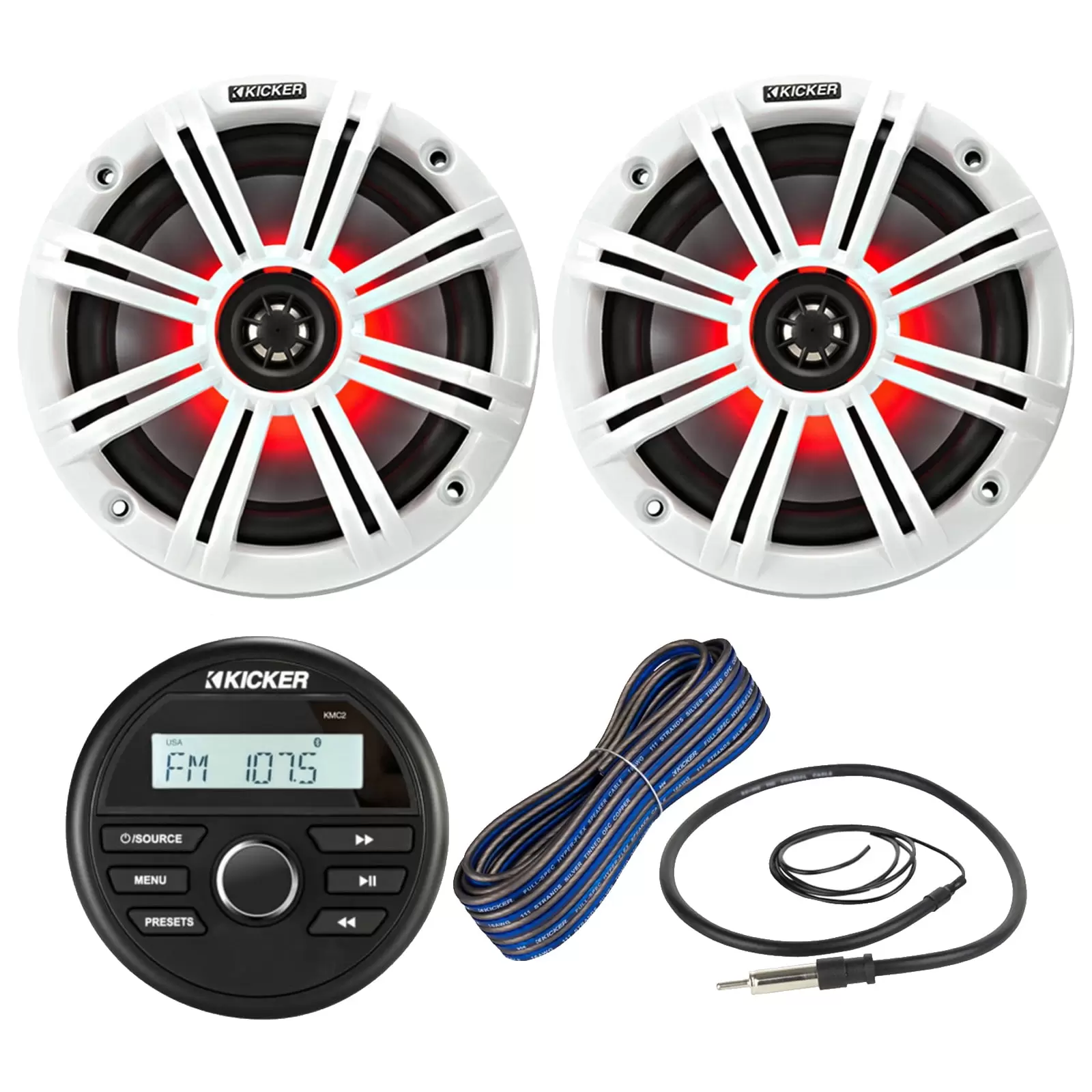 Kicker All-Weather Marine Gauge Style Bluetooth USB Stereo Receiver Bundle Combo with (QTY 2) 6.5 2-Way 195W Max Coaxial Marine LED Speakers w/ White Grilles. 16-Gauge Wire. 22 Antenna