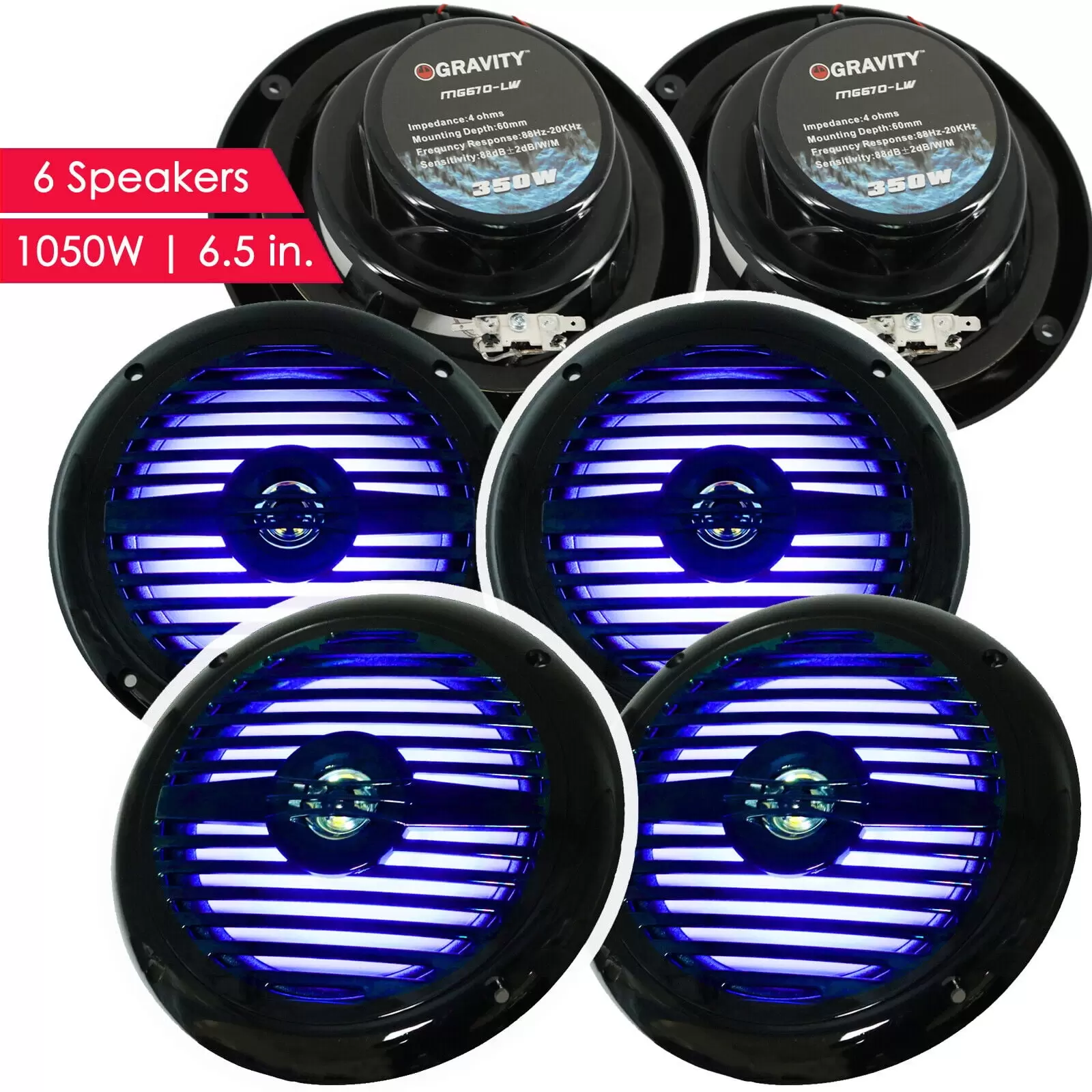 6x Gravity MG670-LW 6.5 inch 2-Way 1050 Watts Marine Speakers CEA Rated - Black Bundle