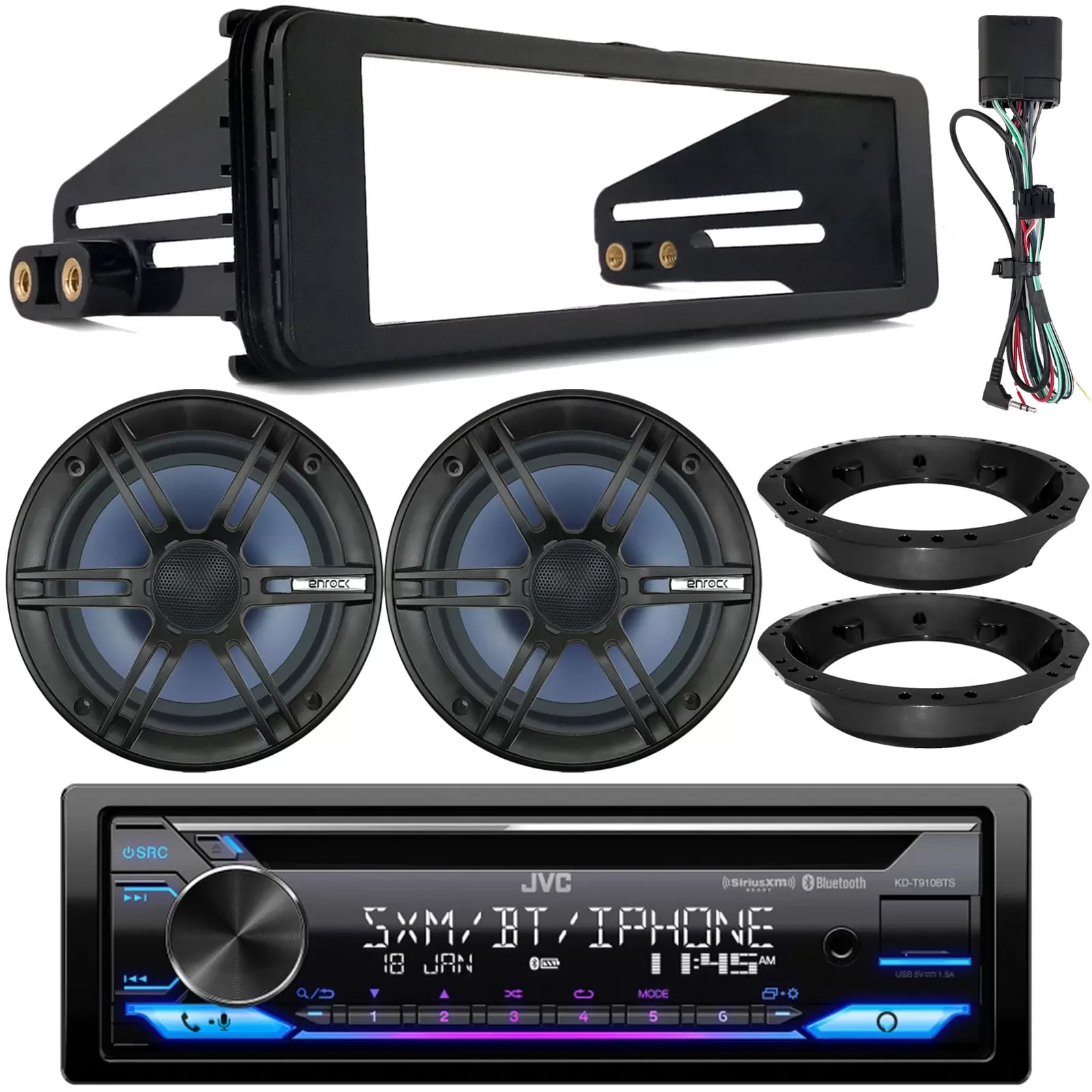 JVC KD-T910BTS Single DIN CD Player Bluetooth USB AUX AM/FM Receiver. 2x 6.5 120W Marine Speakers. Stereo Install Kit. Speaker Adapters (Fits Select 1998-2013 Harley Davidson Touring Motorcycles)