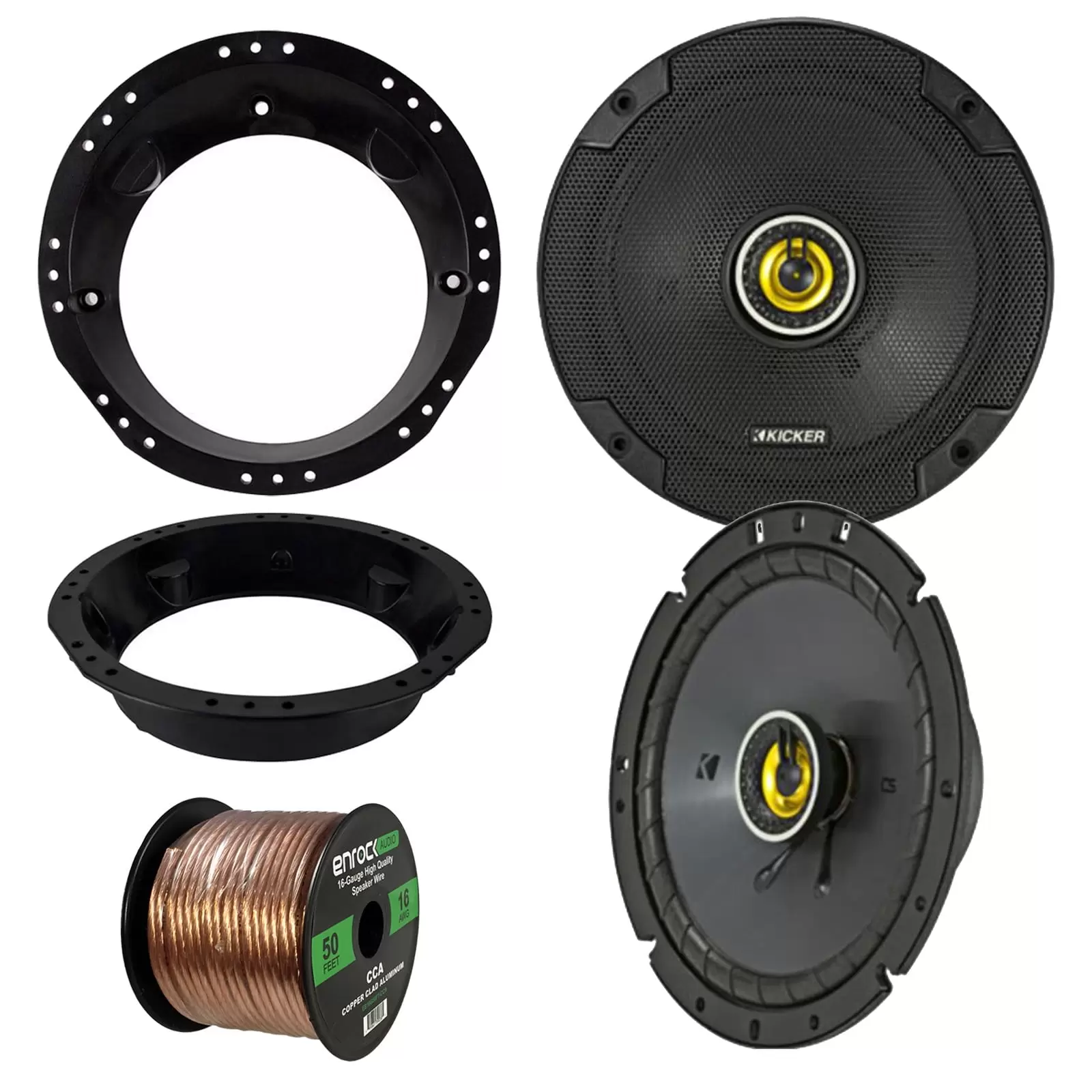 Kicker 46CSC674 6-3/4 600W CS-Series Black Car Coaxial Speakers (Pair). Metra Mounting Ring for 6.5 Speaker (Fits all Harley touring from 1998-2013). Enrock Audio 16-Gauge 50 Foot Speaker Wire