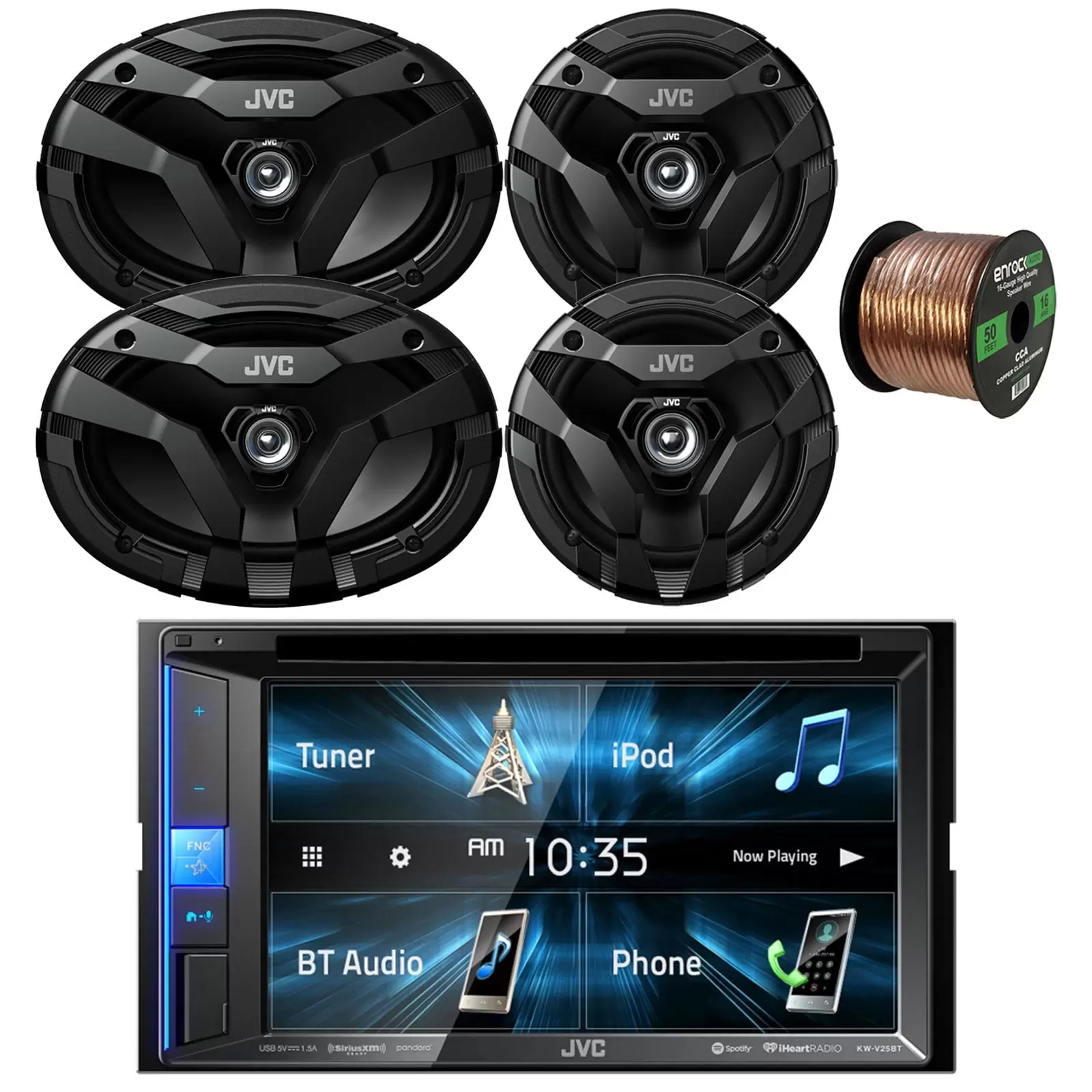 JVC KW-V25BT Touchscreen Double-DIN AM/FM Radio Bluetooth USB CD Player Receiver Bundle Combo with 2x 6.5 2-Way Coaxial 300W Car Audio Speakers. 2x 6x9 400W Vehicle Speakers. 16G Speaker Wire