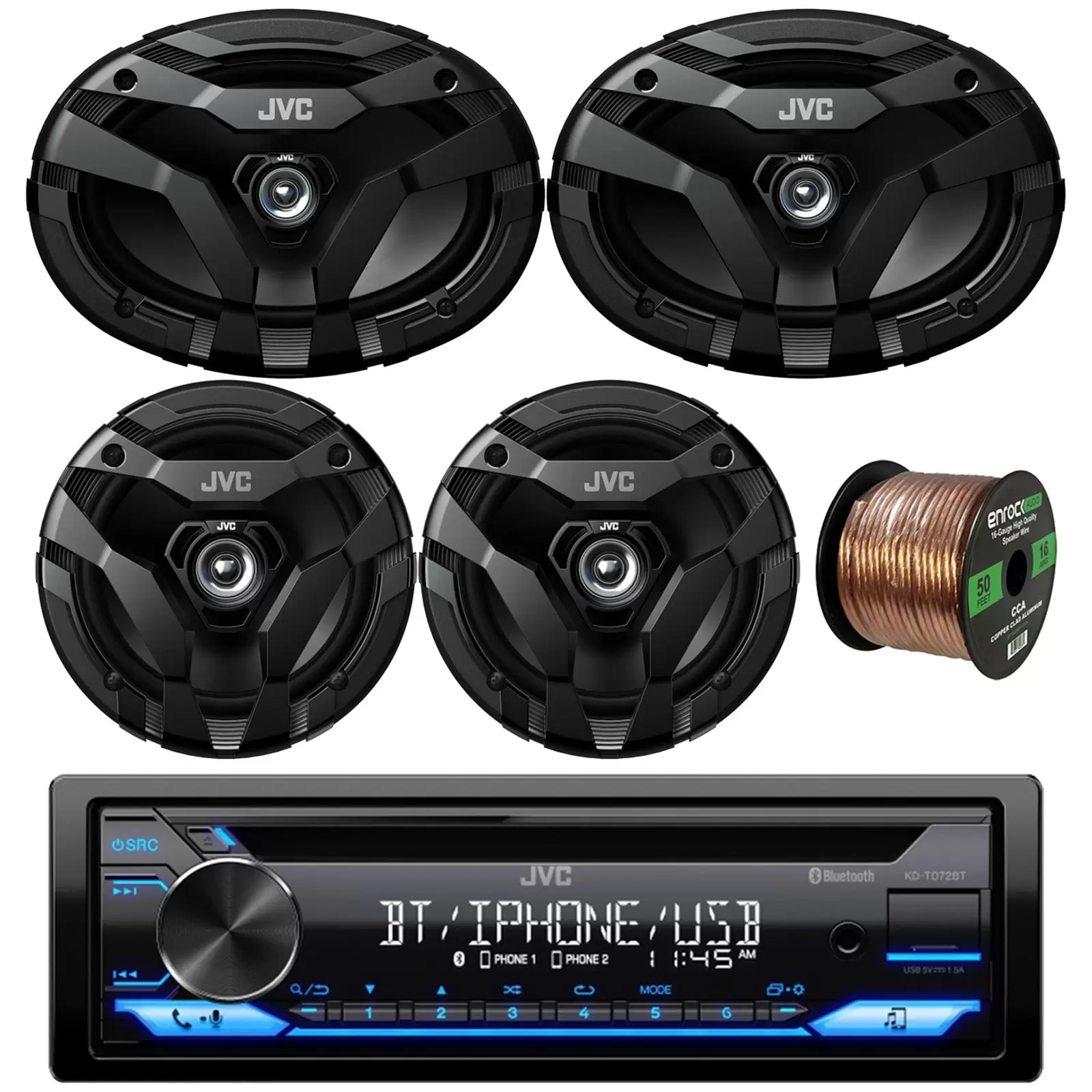 JVC KD-TD72BT Single DIN Bluetooth USB AUX AM/FM Radio CD Player Car Audio Receiver Bundle Combo with 2x 6.5 2-Way Coaxial 300W Car Audio Speakers. 2x 6x9 400W Vehicle Speakers. 16G Speaker Wire