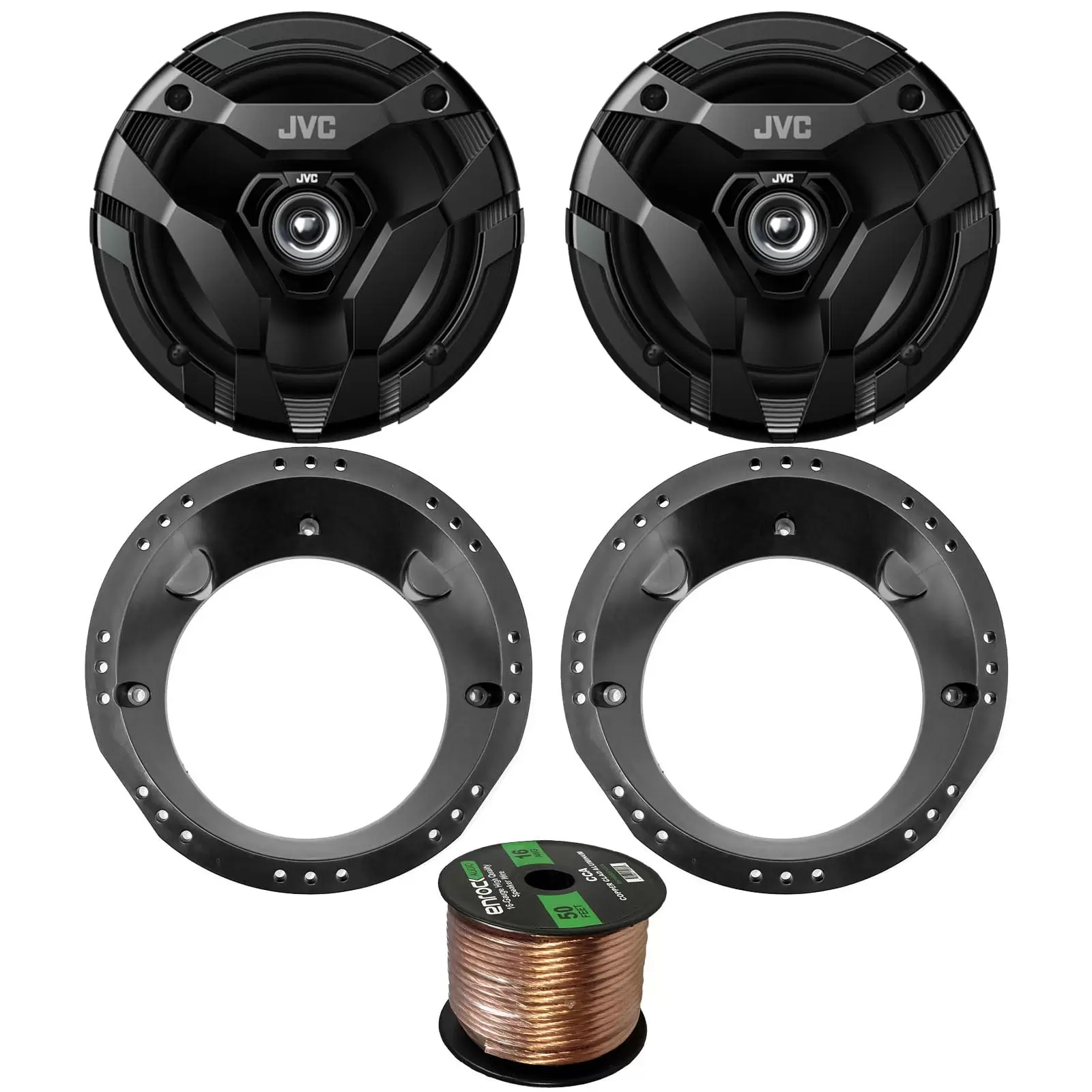 98-13 Motorcycle Speaker Bundle: 2x of JVC 6.5 Inch 300 Watts 2-Way dvrn DF-Series Black Car Stereo Coaxial Speakers + Speaker Mounting Rings For Motorcycles + 50 Ft 16G Speaker Wire