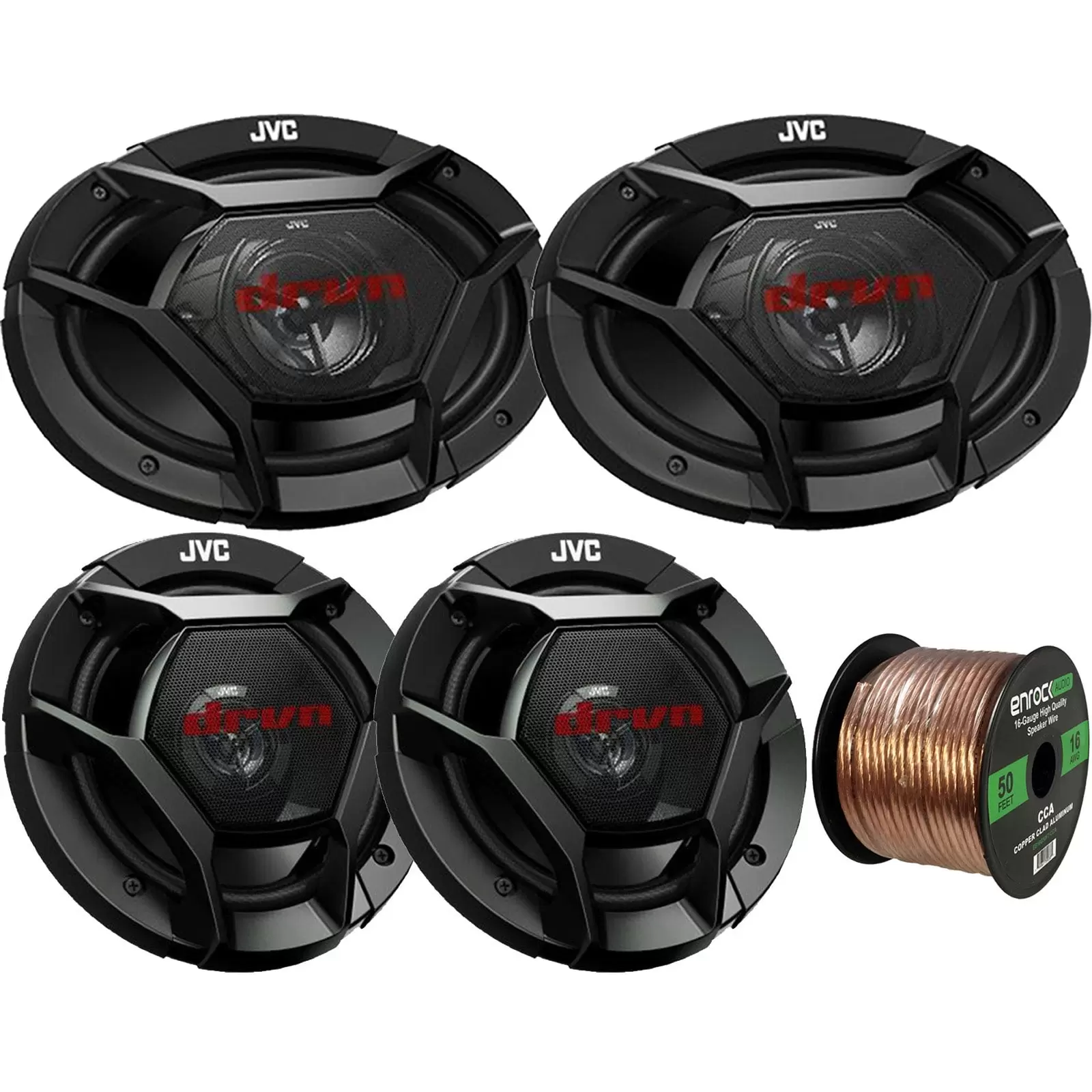 Car Speaker Bundle: 2x JVC CS-DR621 drvn DR Series 6.5 2-Way Coaxial 300W Max Automotive Car Audio Speakers. 2x JVC CS-DR6931 6x9 3-Way Coaxial 500W Vehicle Speakers. 16 Gauge 50 Feet Speaker Wire