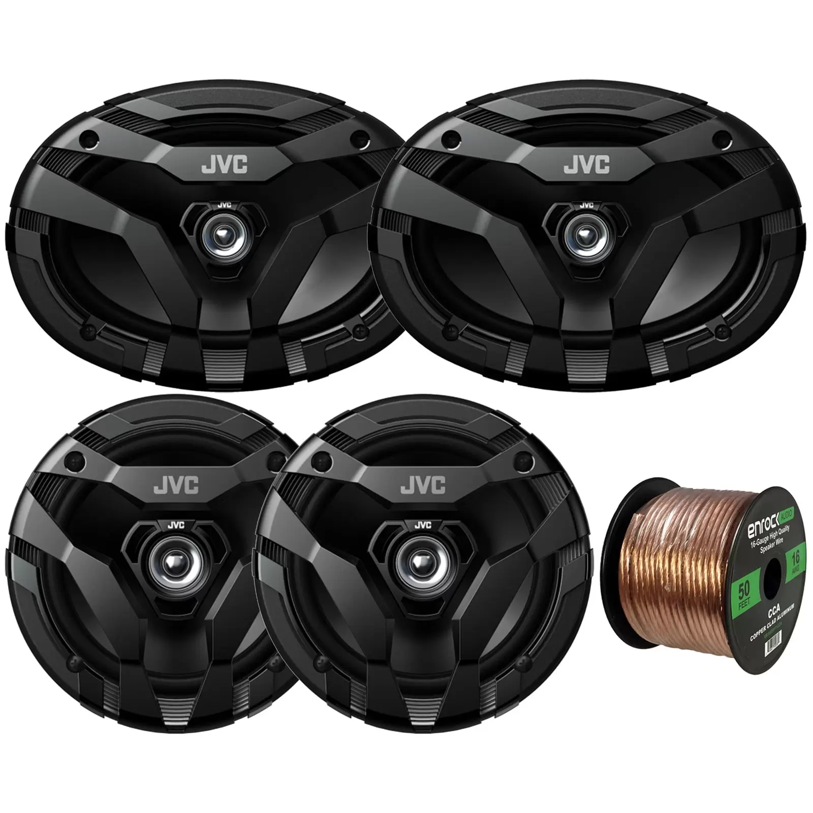 2x JVC CS-DF620 drvn DF Series 6.5 2-Way Coaxial 300 Watts Peak Power Car Audio Speakers. 2x JVC CS-DF6920 6x9 2-Way Coaxial 400 Watts Peak Power Vehicle Speakers. 16 Gauge 50 Feet Speaker Wire