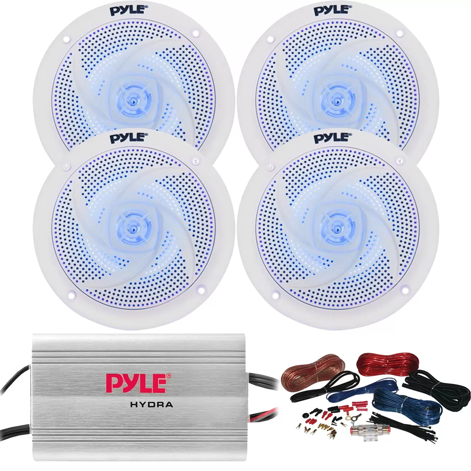 4 x Pyle 6.5 Marine 240W Waterproof White Full-Range Component Speakers with Blue LED Lights. 4-Channel 400W MP3/iPod 2-Ohm Stereo Stable Amplifier. Amp Installation Kit