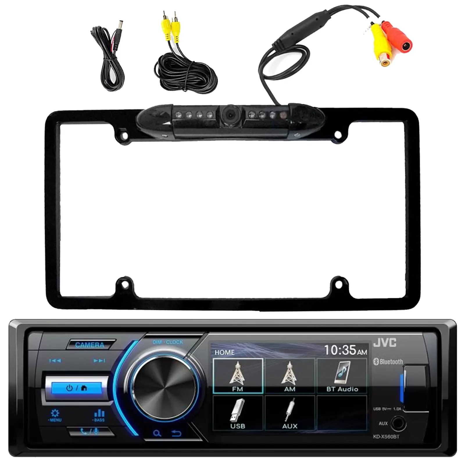 Marine Bluetooth USB AUX AM/FM Single DIN Digital Media Stereo Receiver w/ Rear View Cam Input and Independent Camera Key. Enrock Waterproof License Plate Black Back Up Camera