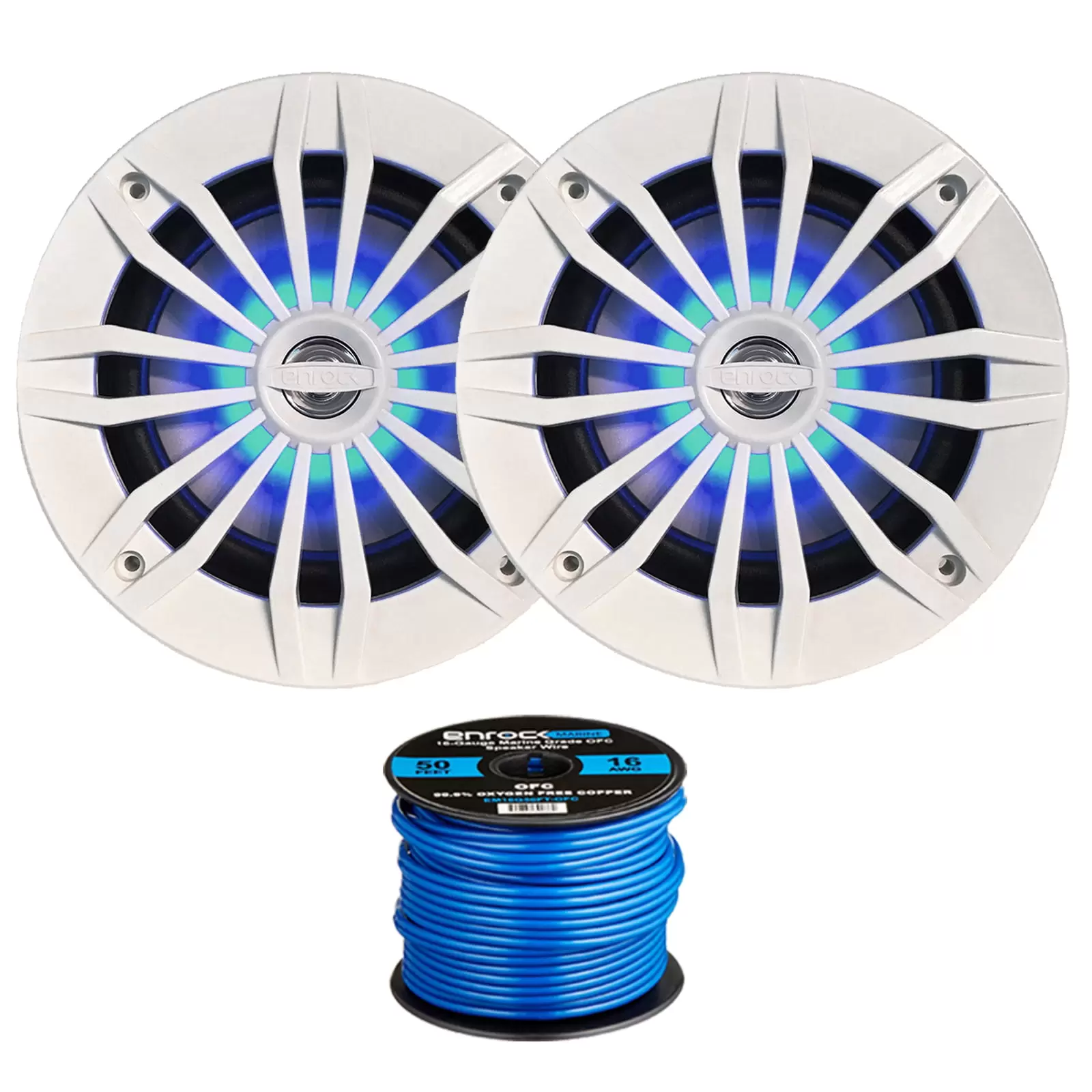 2 x EnrockMarine 6.5 2-Way 200W Marine Loudspeakers feat. Blue LED Light Flashing with Music (White). Enrock Marine-Grade 50Ft. 16-Gauge Tinned Speaker Wire