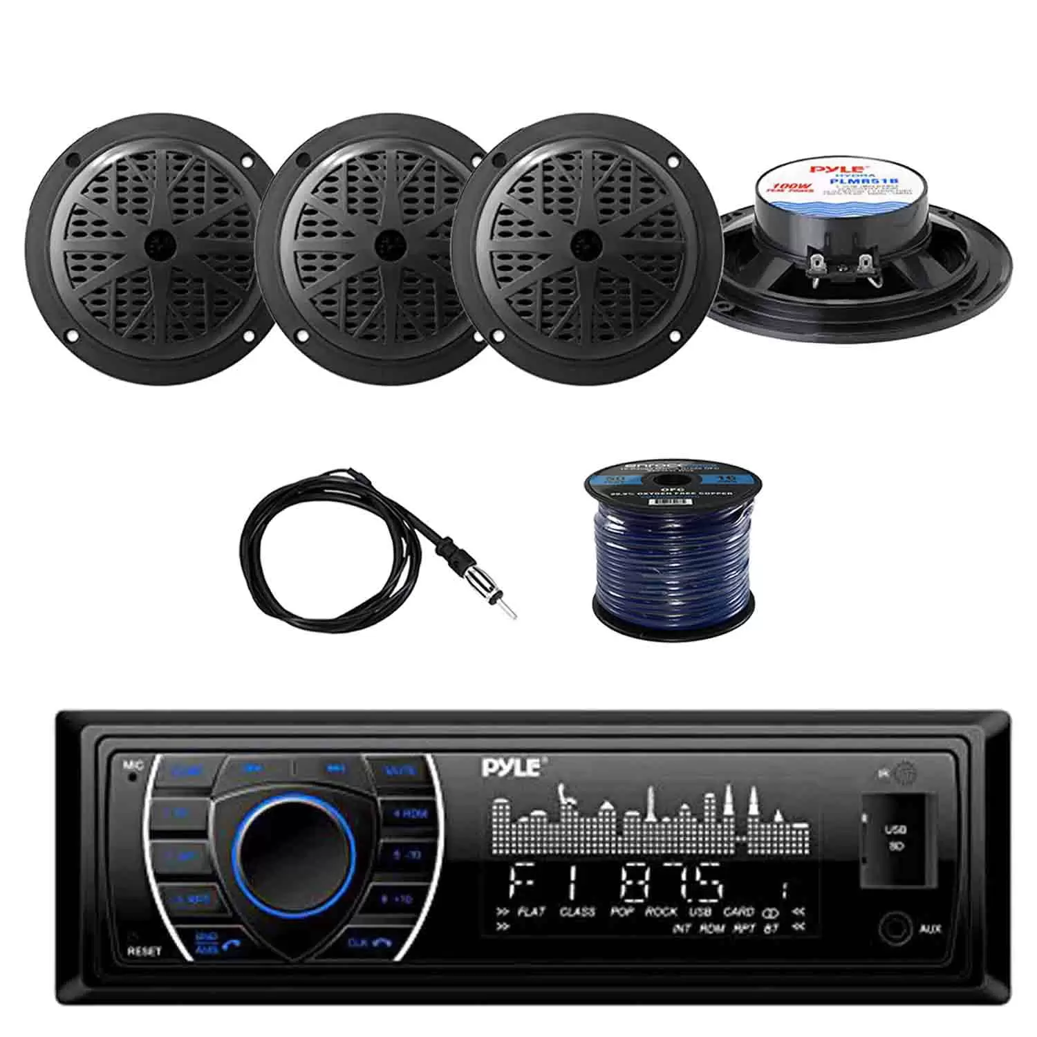 PYLE PLRMR27BTB Marine Bluetooth Receiver Stereo(Black) w/Pyle 100W 5.25'' 2-Way Marine Speakers(2-Pairs). Enrock Marine Antenna & Enrock Marine 50' 16G Speaker Wire