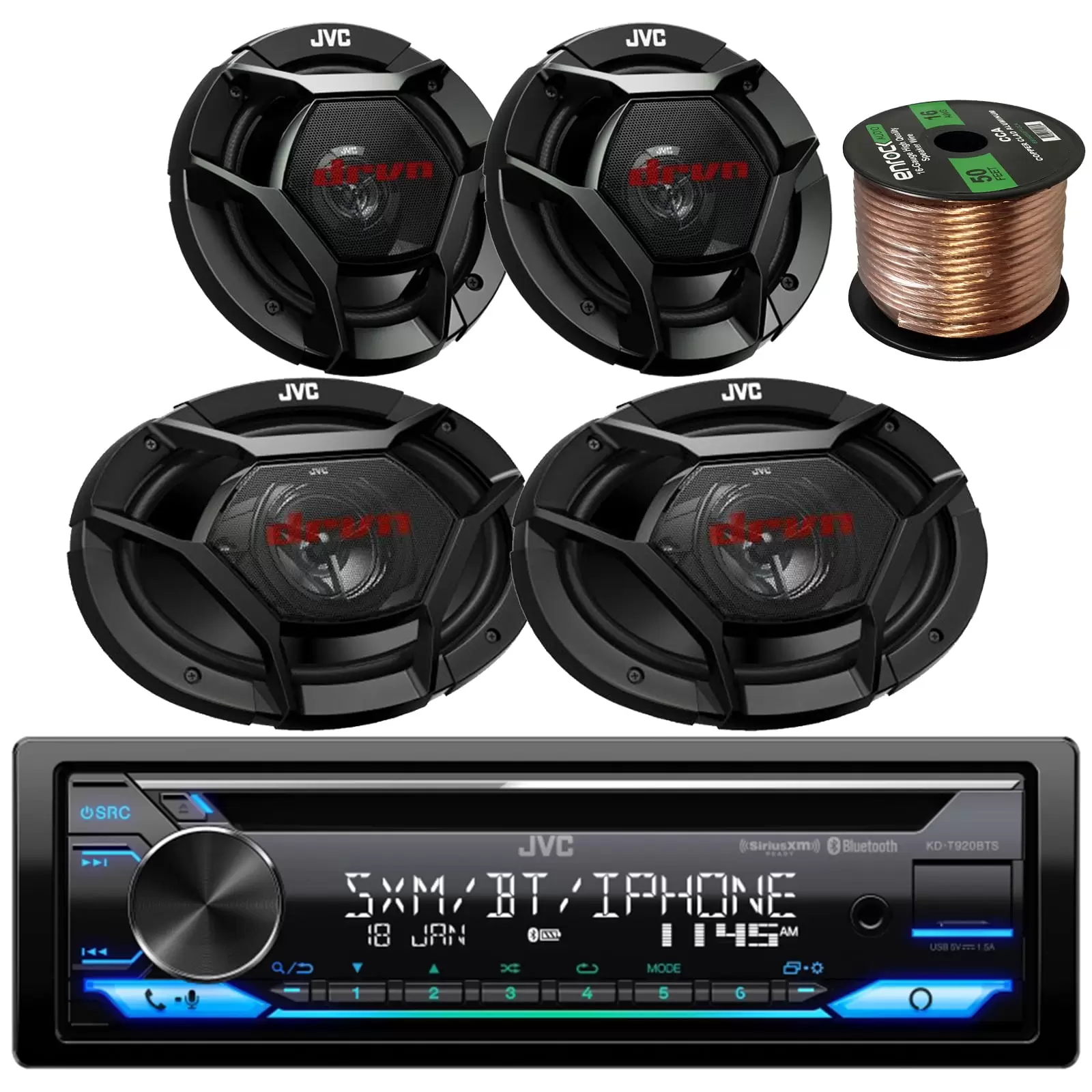 Single DIN AM/FM Stereo USB AUX CD Player Bluetooth Multimedia Radio Player Bundle with 2x 6x9 3-Way Car Speakers. 2x 6.5 2-Way Coaxial Speakers. 50Ft 16 Gauge Speaker Wire